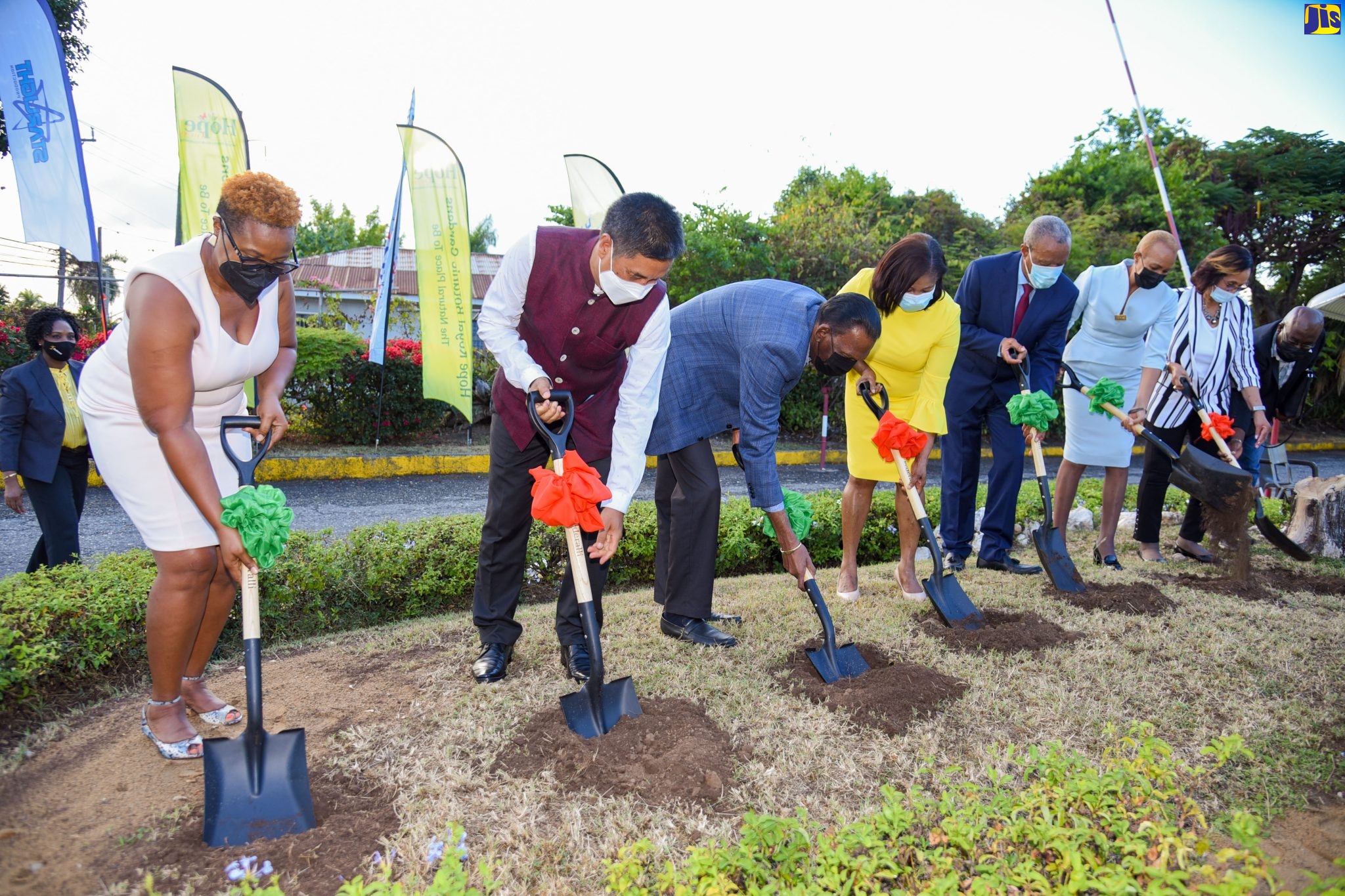 Wife of the Governor-General, Her Excellency, the Most Hon. Lady Allen (fourth left), participates in the breaking of ground for construction of the newly designed eastern entrance to the Hope Royal Botanical Gardens, St. Andrew, on February 2. Others (from left) are Executive Director, Nature Preservation Foundation, Carla Myrie; High Commissioner of India to Jamaica, His Excellency Rungsung Masakui; Chief Executive Officer of the CHASE Fund, William “Billy” Heaven; Chairman, Nature Preservation Foundation, Alfred Thomas; Member of Parliament for St. Andrew Eastern and Minister of Education and Youth, Hon. Fayval Williams; and former Custos of St. Andrew, Hon. Marigold Harding.


