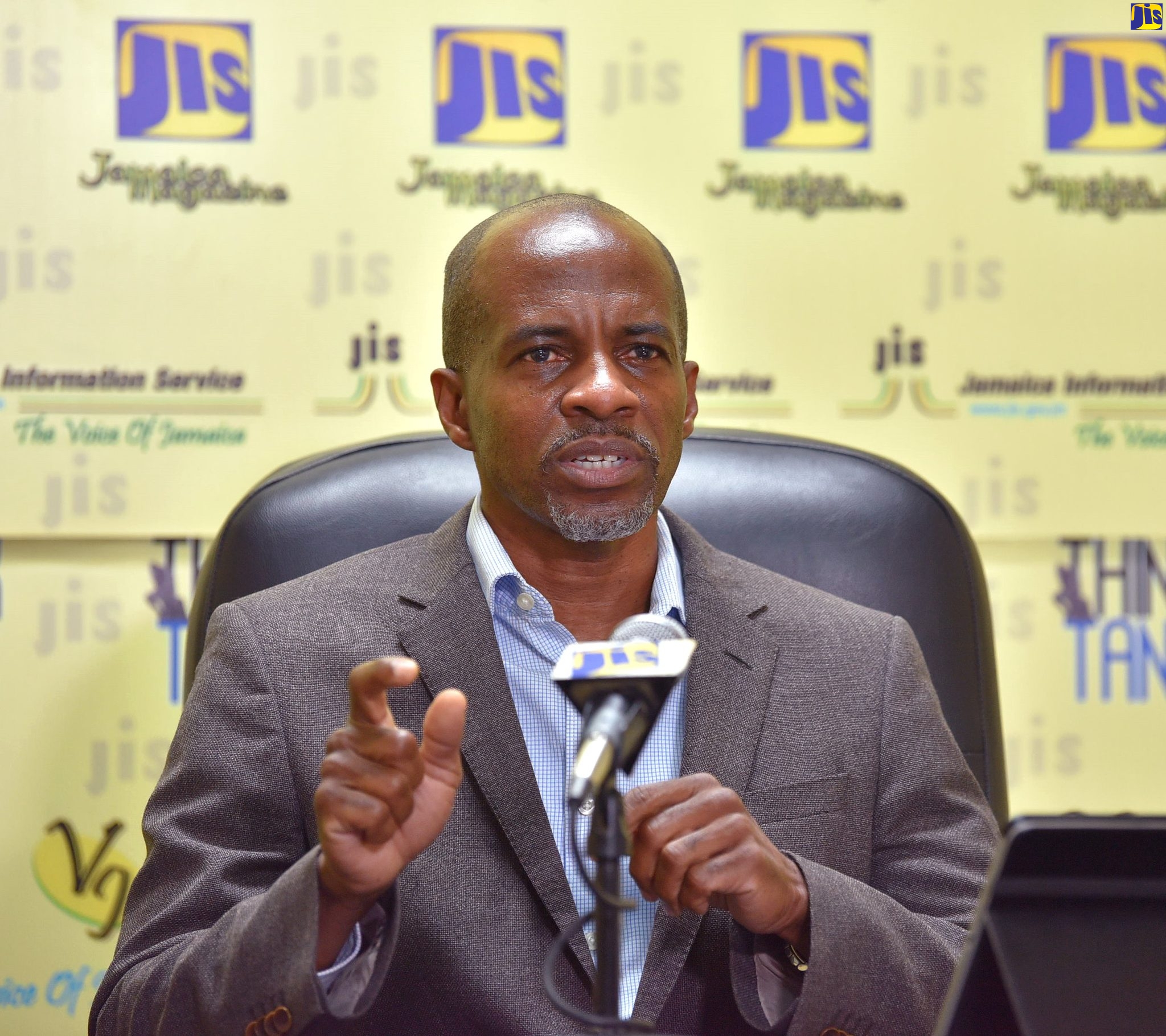 Chairman of the Crime Monitoring Oversight Committee (CMOC), Lloyd Distant, speaking at a JIS Think on Monday (February 14).