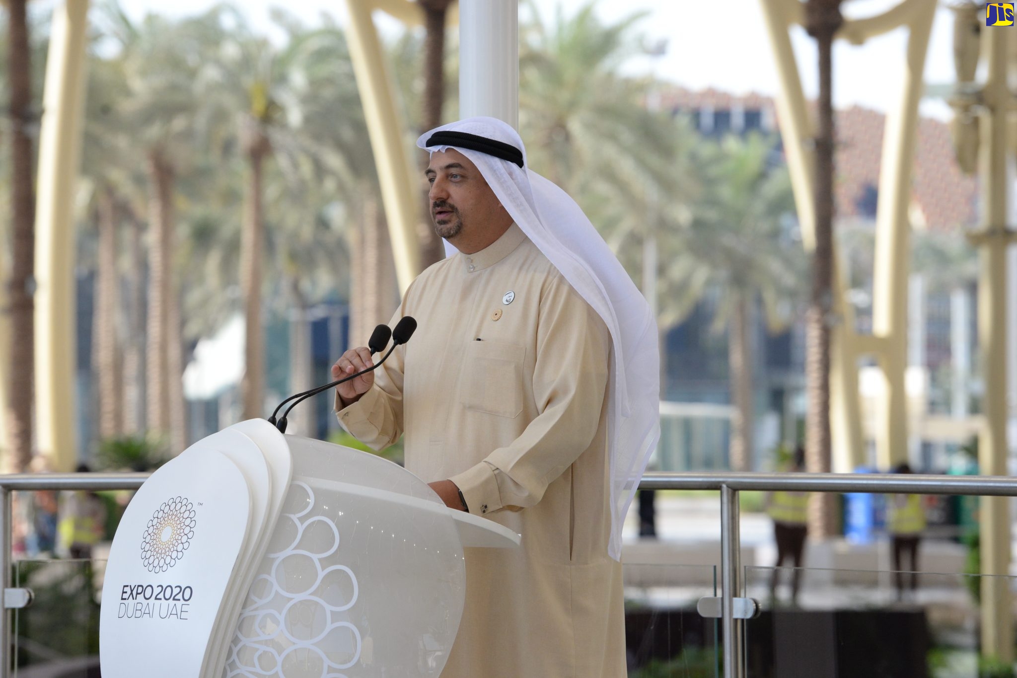 Executive Director of the Office of the Director General of Expo 2020 Dubai, His Excellency, Najeeb Al Ali, speaking at the national flag raising ceremony for Jamaica National Day held on February 18 at the Al Wasl Plaza in Dubai.