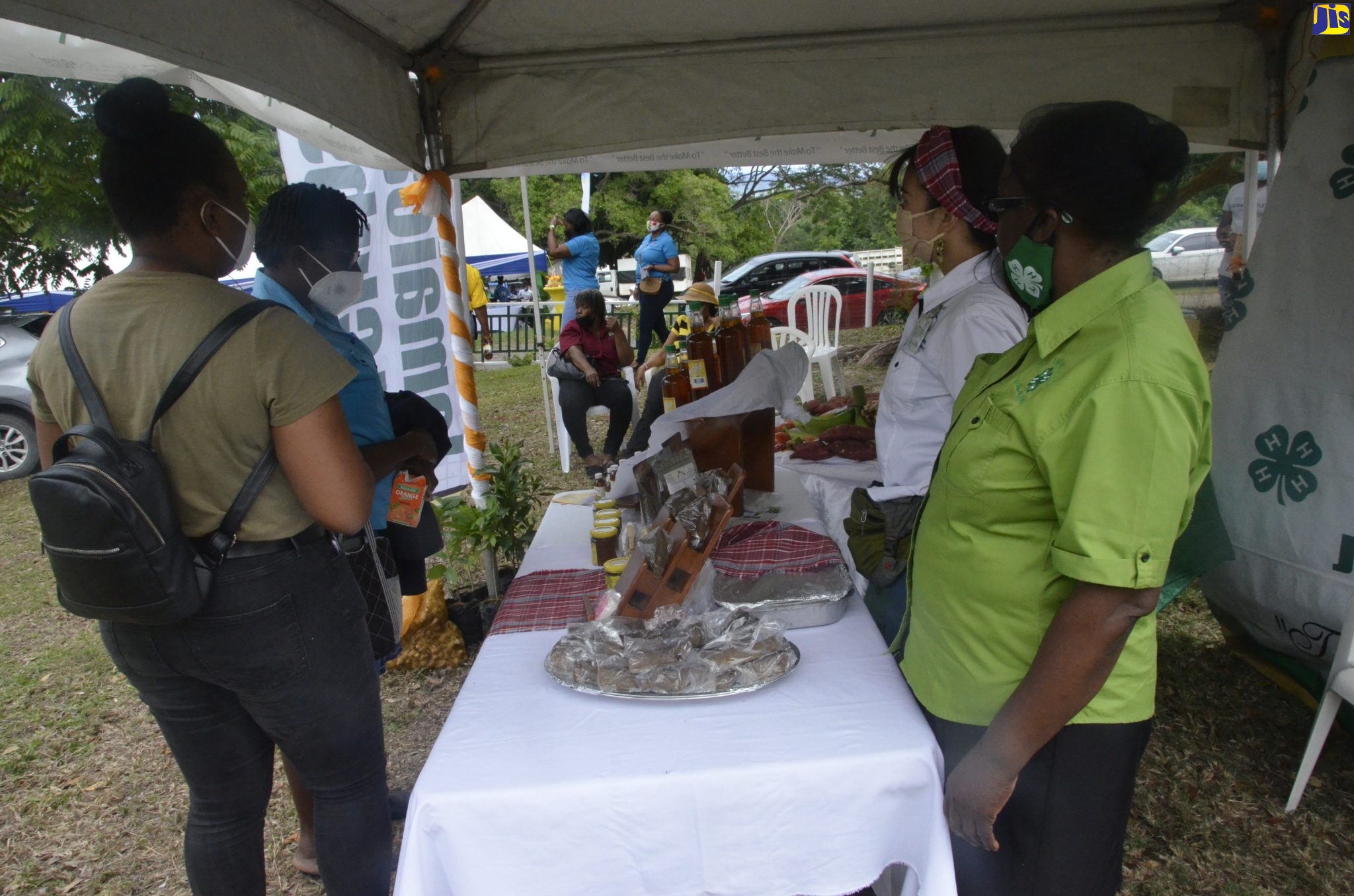 St. Ann 4H Club Assistant Secretary Sonia Tucker (right) and Japan International Corporation Agency (JICA) volunteer Natsumi Nagarmura (second from right), gives Secretary at the Rural Agricultural Development Authority (RADA) St. Ann branch, Marie Richards and her daughter Julisan Richards, an over view of products at their booth. Occasion was the Ministry of Agriculture and Fisheries’ St. Ann Agri-Tourism Business Symposium which was held at the Seville Heritage Park in the parish on Friday (February 25).