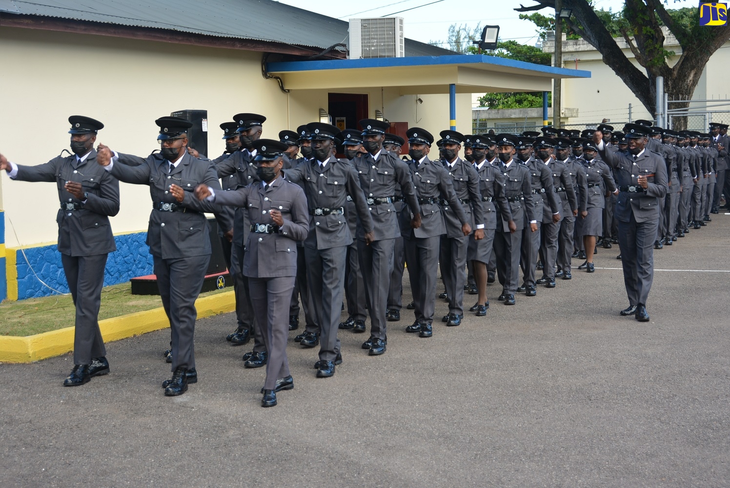 Correctional officer recruits undertaking a marching parade in the Passing Out Parade of the 80th Intake of Correctional Officers at the Carl Rattray Staff College in Runaway Bay, St Ann, on January 28.  
