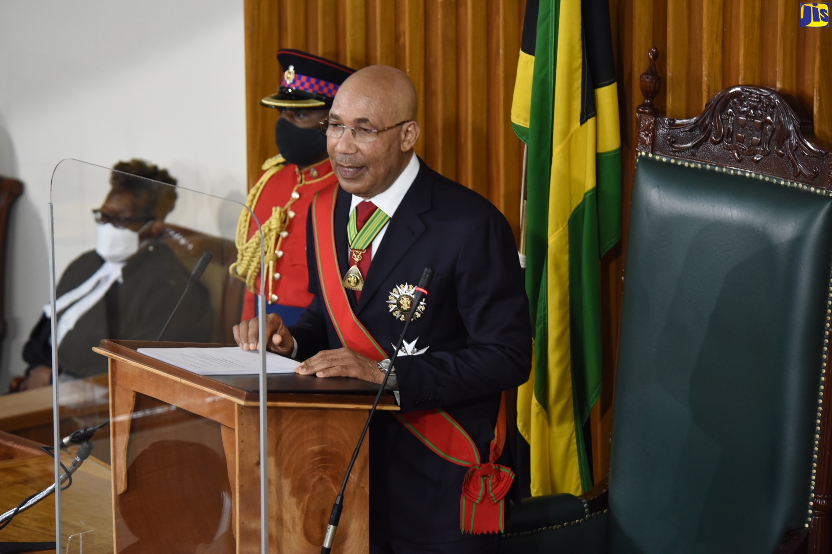 Governor-General, His Excellency the Most Hon. Sir Patrick Allen, delivers the Throne Speech during the ceremonial opening of Parliament on Thursday (February 10) under the theme ‘Building Our Jamaica: Peace Opportunity and Prosperity’.