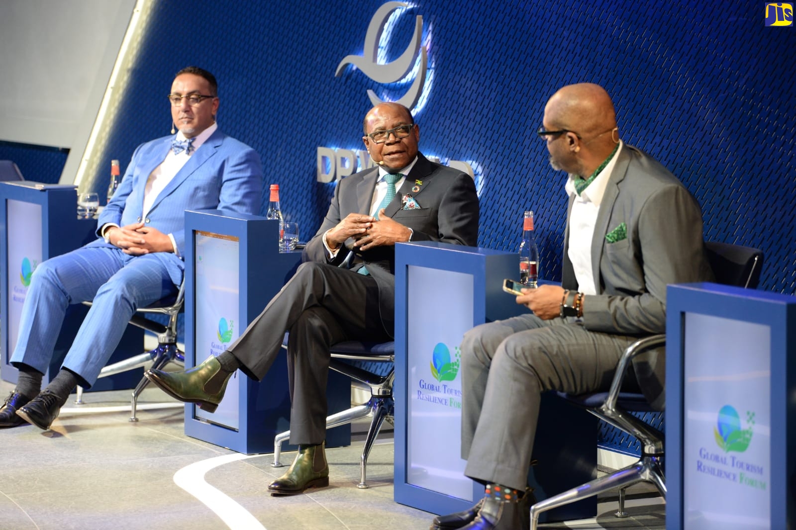 Tourism Minister, Hon. Edmund Bartlett (centre), emphasises a point during a Global Tourism Resilience Forum panel discussion at EXPO2020 Dubai on Thursday (February 17). Listening (from left) are Kenya’s Minister of Tourism and Chair of the Global Tourism Resilience and Crisis Management Centre – East Africa (GTRCMC – EA) – Minister Najib Balala, and GTRCMC Executive Director, Professor Lloyd Waller.