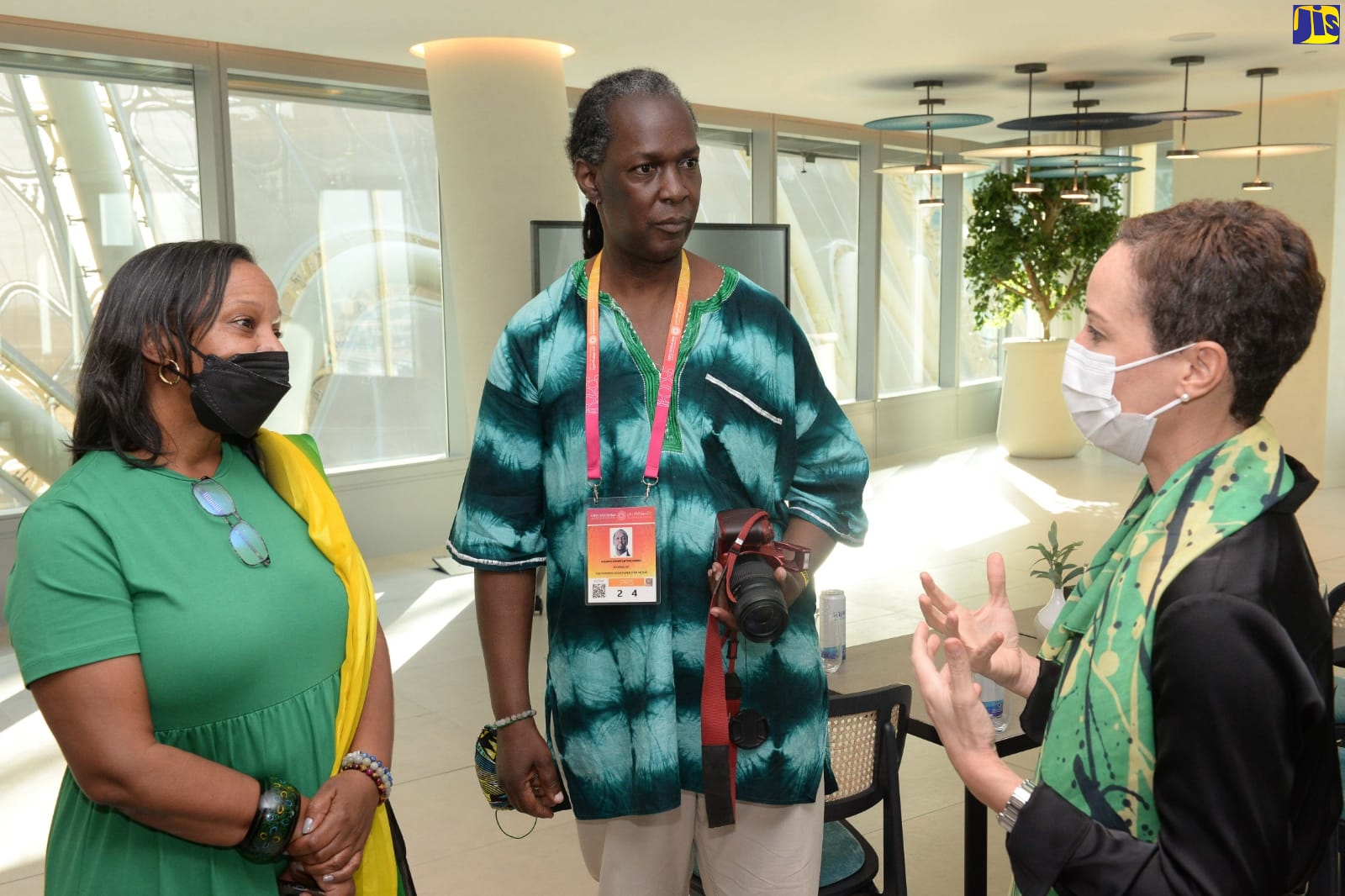 Minister of Foreign Affairs and Foreign Trade, Senator the Hon. Kamina Johnson Smith (right), in discussion with members of the Jamaica Middle East Diaspora Group (from left) Shari Franklyn and Delroy Simms, at EXPO2020 Dubai on Saturday (February 19). The occasion was a special meeting with members of the Jamaican community in that region. Minister Johnson Smith briefed them on several key matters, including emerging opportunities for trade, investment, and development. She also lauded the representatives on their outstanding achievements in various engagements undertaken, and how well they have forged and maintained connections with each other and Jamaica.