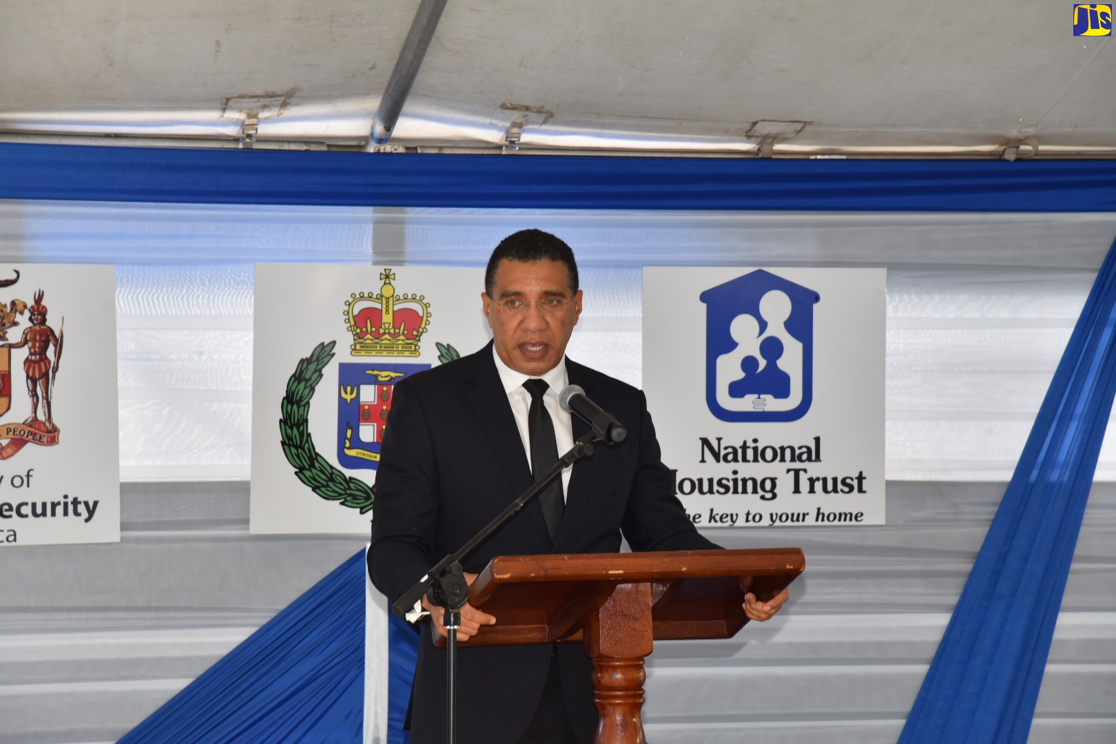 Prime Minister, the Most Hon. Andrew Holness, addresses the ground breaking ceremony for the new Stony Hill Police Station in St. Andrew on Thursday (February 24).