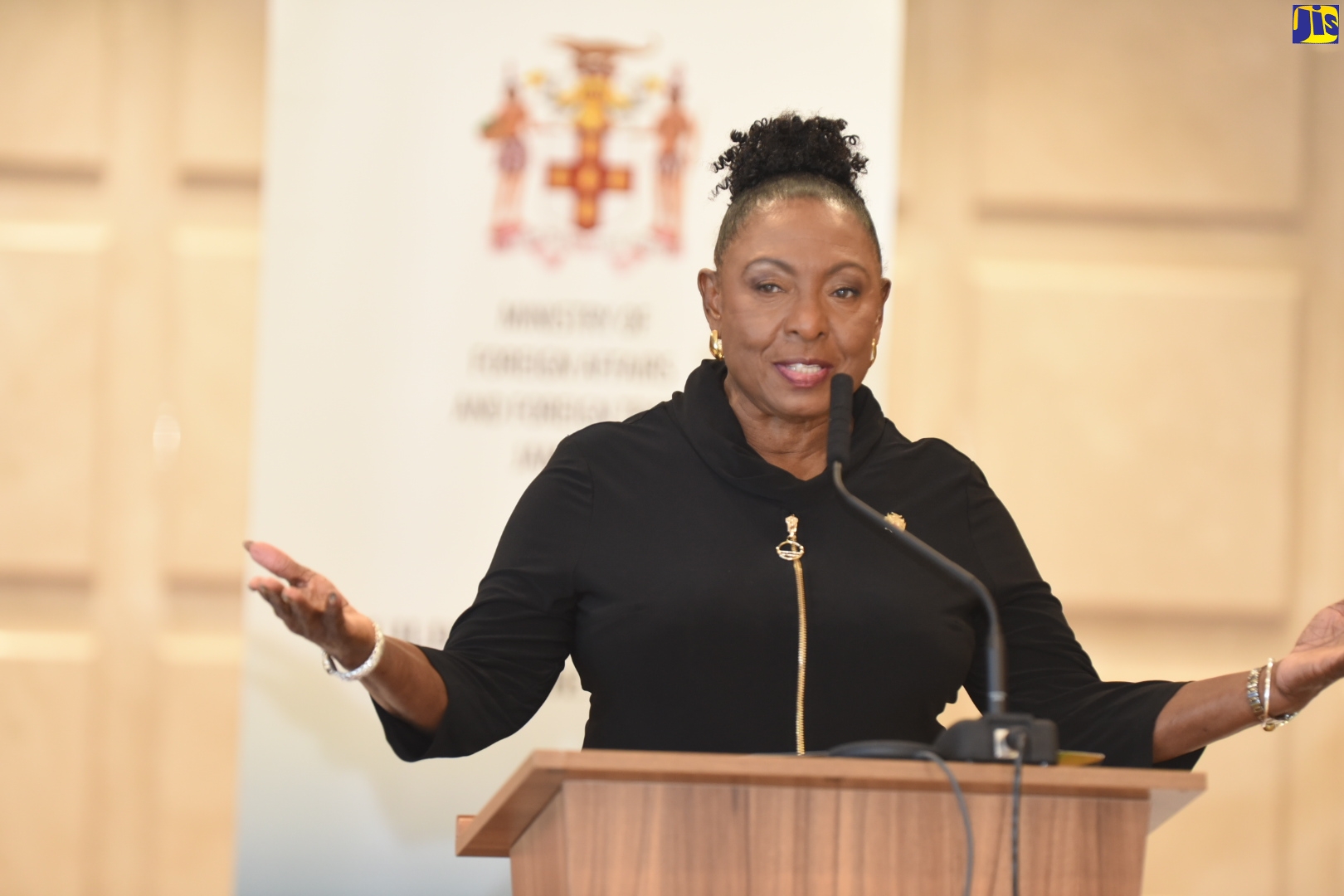 Minister of Culture, Gender, Entertainment and Sport, Hon. Olivia Grange, addressing resident and non-resident heads of missions in Jamaica, at the Ministry of Foreign Affairs and Foreign Trade headquarters in downtown Kingston on March 9, as part of Diplomatic Week 2022 activities.