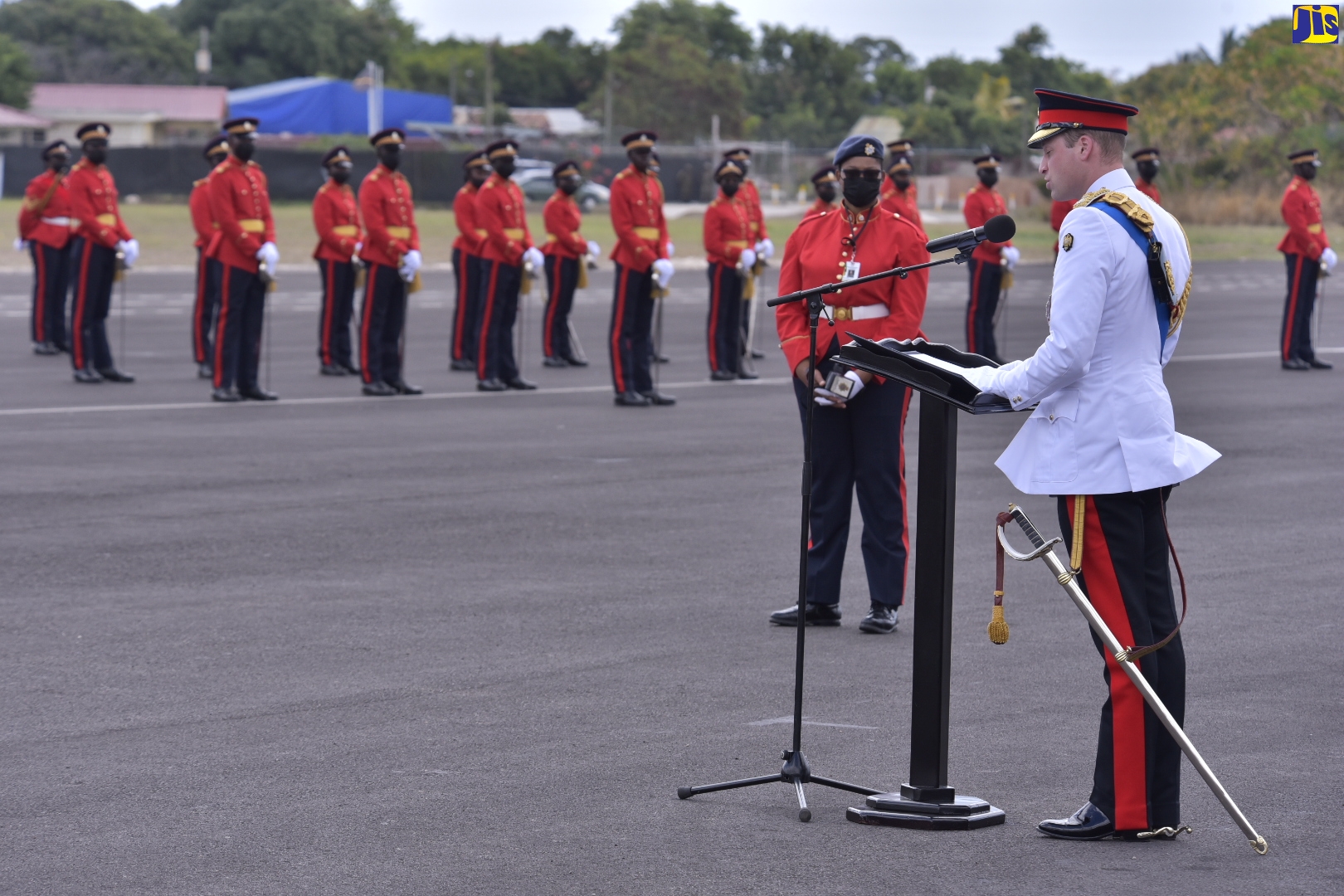 His Royal Highness, the Duke of Cambridge, delivers his address at the Caribbean Military Academy’s inaugural Initial Officer Training Programme (IOTP) 2021 Commissioning Parade held on Thursday (March 24) at Up Park Camp, St. Andrew. A total of 77 officer cadets from Jamaica, Antigua and Barbuda, Barbados, Guyana, St. Kitts and Nevis, Surinam, and Uganda graduated from the programme.