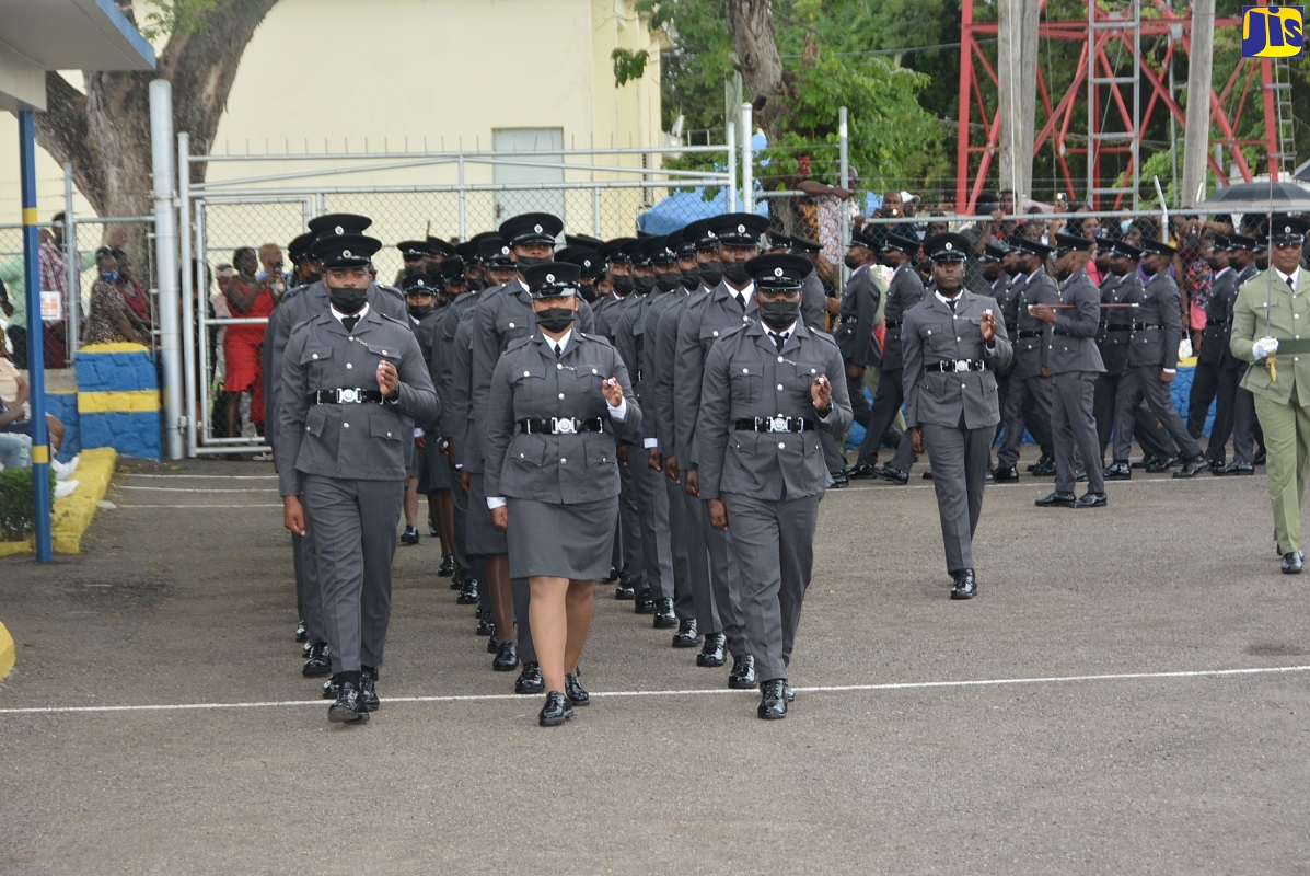 New Correctional officer recruits in a parade drill, during the passing out parade ceremony  at the Carl Rattray Staff College in Runaway Bay, St Ann, on Wednesday, March 30.