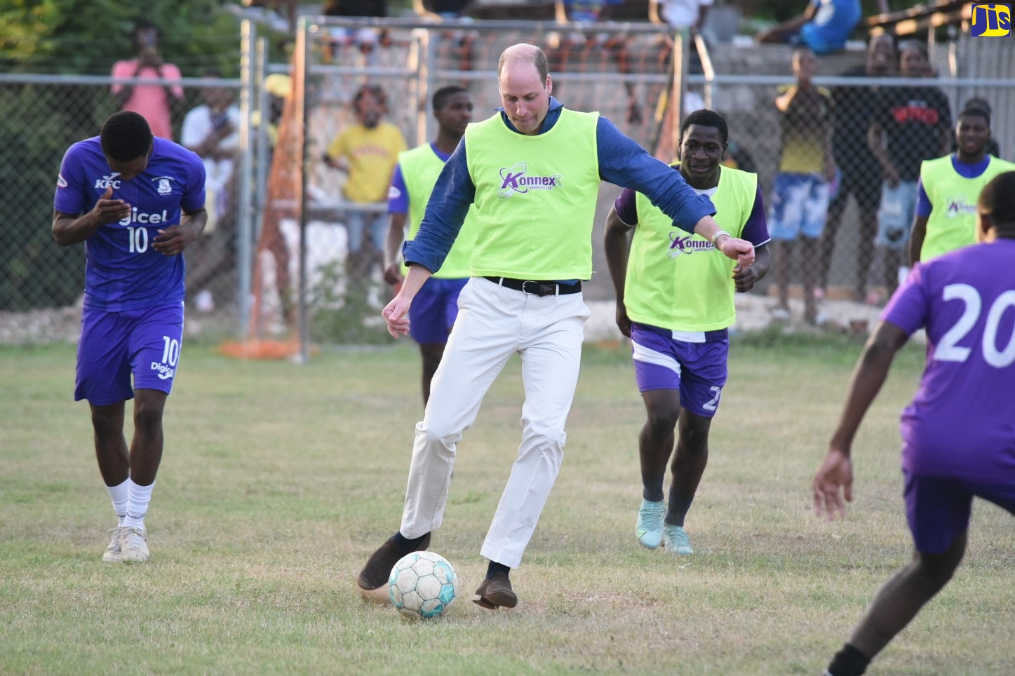 His Royal Highness, The Duke of Cambridge, plays a game of football during a visit to the community of Trench Town  in Kingston, just a few hours after arriving in the island on March 22. Their Royal Highnesses, The Duke and Duchess of Cambridge are on an Official Visit to Jamaica from March 22 to 24. The visit forms part of celebrations marking the 70th Anniversary (Platinum Jubilee) of the Coronation of Her Majesty The Queen.