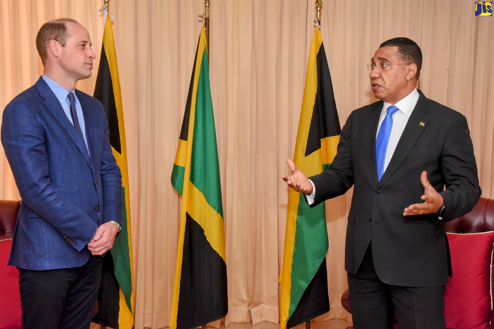 Prime Minister, the Most Hon. Andrew Holness (right) shares in conversation with His Royal Highness, the Duke of Cambridge, during a courtesy call at the Office of the Prime Minister on Wednesday (March 23).