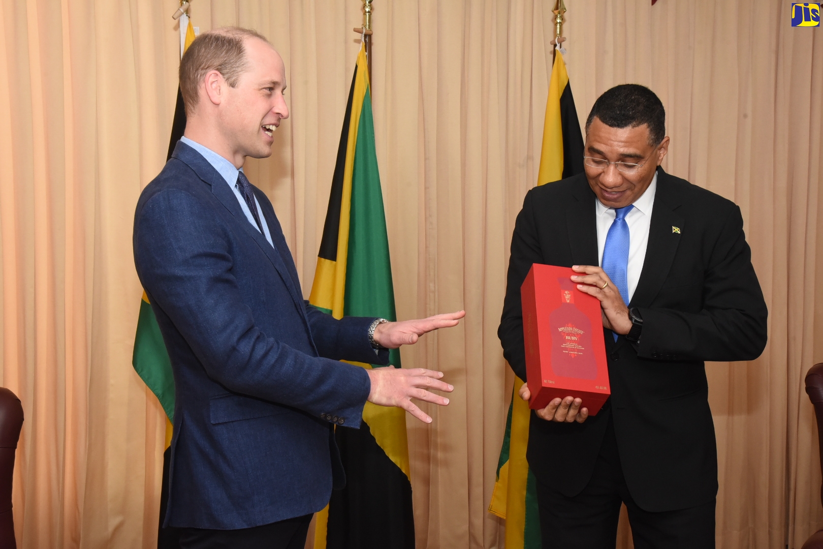 Prime Minister, the Most Hon. Andrew Holness (right), and His Royal Highness, the Duke of Cambridge, engage in an animated discussion during a courtesy call at the Office of the Prime Minister on Wednesday (March 23).  