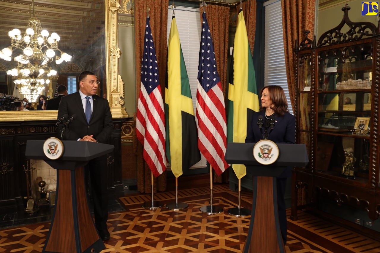 Prime Minister, the Most Hon.  Andrew Holness, speaks at a joint press conference with United States Vice President, Kamala Harris, following discussions at  her office located in the Eisenhower Executive Office Building on the White House complex on Wednesday (March 30).