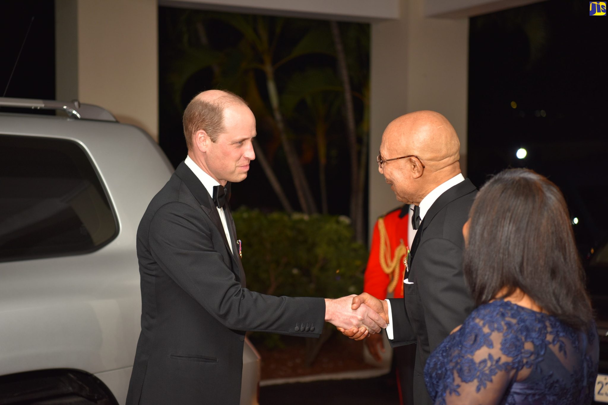 Governor General, His Excellency the Most Hon. Sir Patrick Allen (second, right), greets His Royal Highness, The Duke of Cambridge on his arrival for the State dinner at King’s House on March 23. Looking on is wife of the Governor General, Her Excellency the Most Hon. Lady Allen (right).