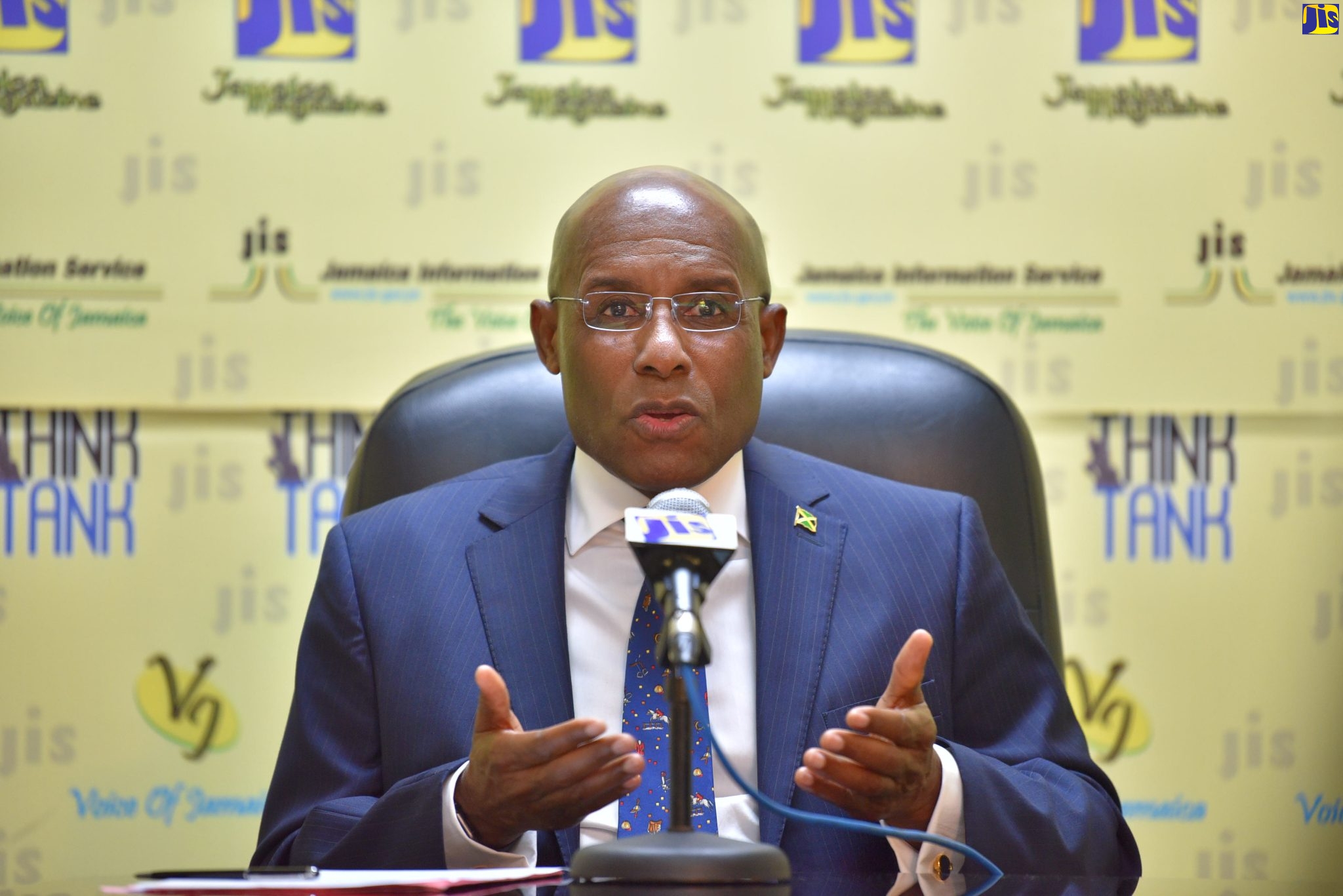 Minister of Industry, Investment and Commerce, Senator the Hon. Aubyn Hill, addresses a JIS Think Tank on March 30, where he spoke about the World Free Zone Organization (WFZO) Annual International Conference and Exhibition (AICE) 2022, which will be held at the Montego Bay Convention Centre from June 13 to 17.