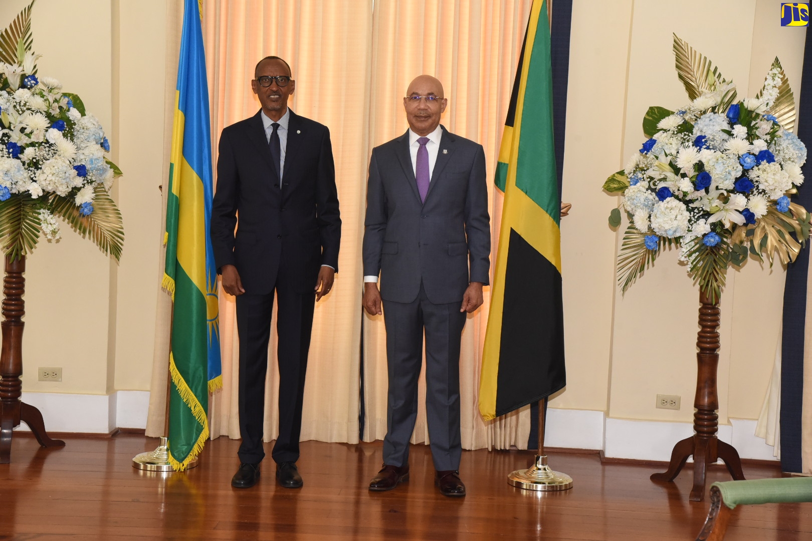 Governor-General, His Excellency the Most Hon. Sir Patrick Allen (right), stands alongside President of the Republic of Rwanda, His Excellency Paul Kagame, for an official photo, during a courtesy call at Kings House today (April 14).