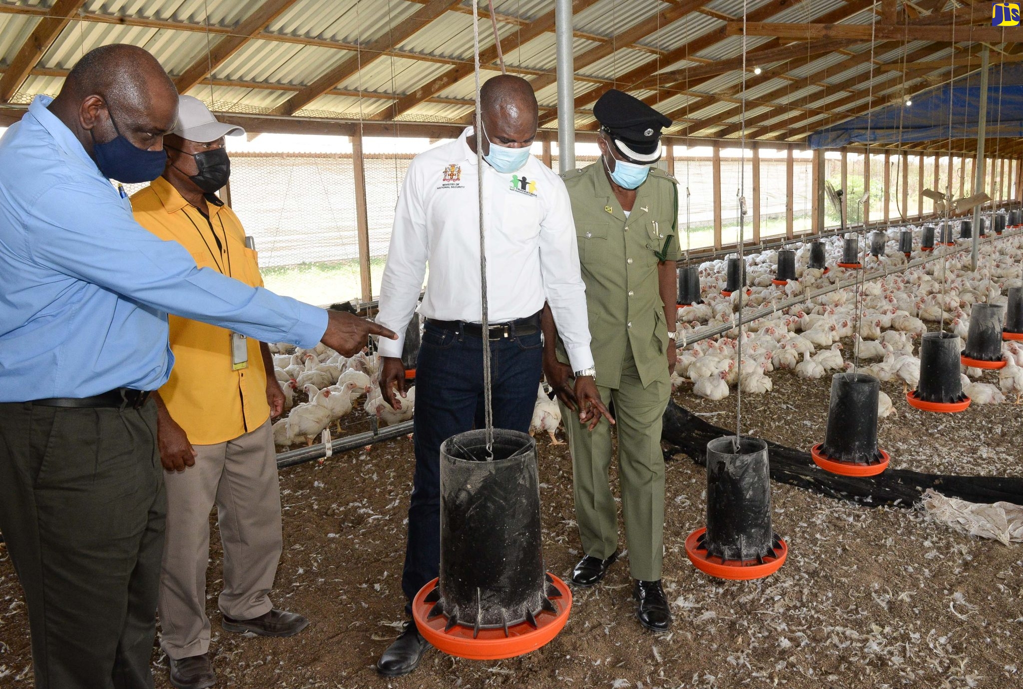 Minister of State in the Ministry of National Security, Hon. Zavia Mayne (second right), tours the chicken farm at the Tamarind Farm Adult Correctional Centre in St. Catherine, during a visit to the facility on Friday (April 8). He is joined by (from left): Permanent Secretary in the Ministry, Courtney Williams; Commissioner of Corrections, Lieutenant Colonel (Retired) Gary Rowe; and Superintendent in charge of the facility, Glenford Clarke.