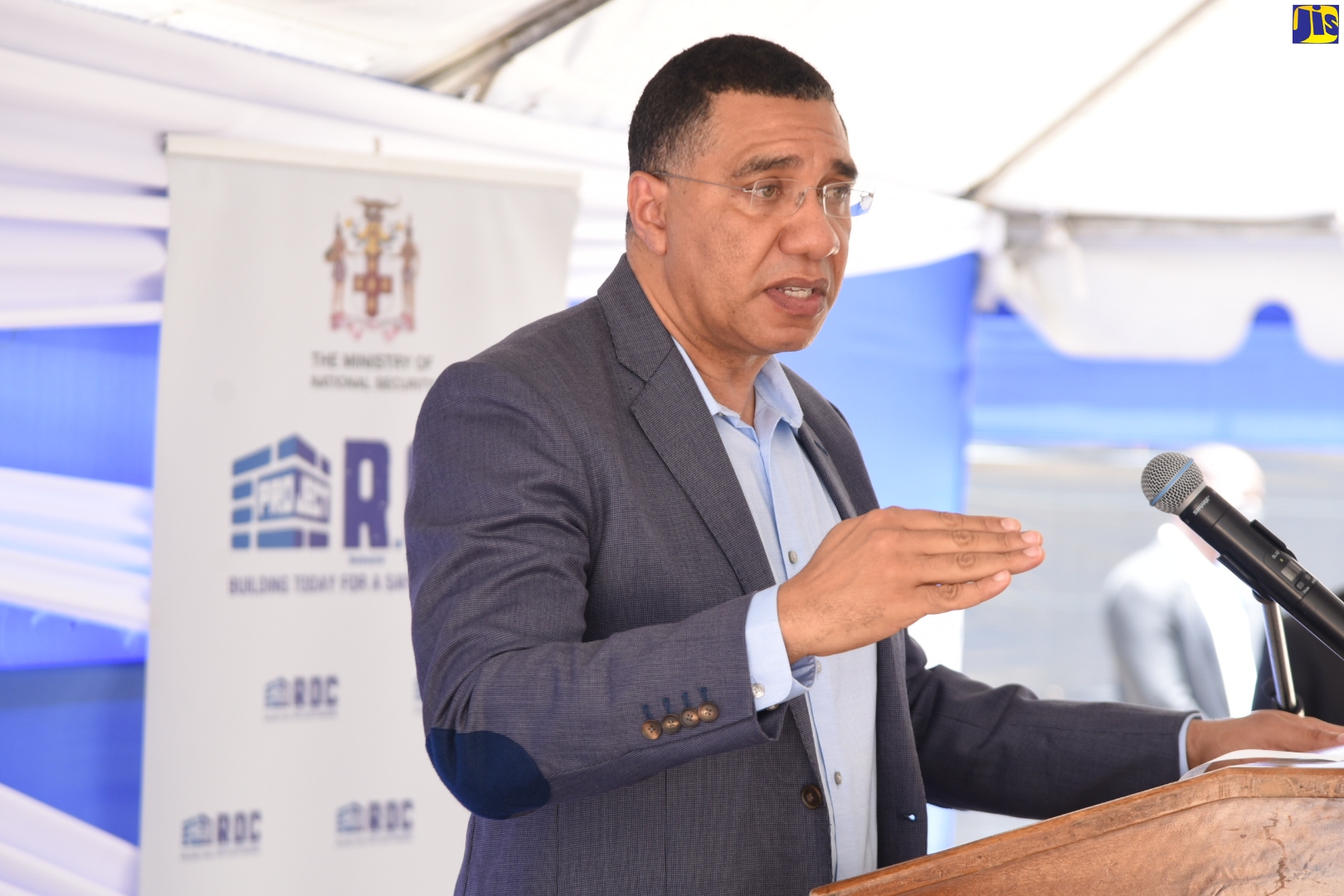 Prime Minister the Most Hon. Andrew Holness addresses the official ground-breaking ceremony for the new Little London Police Station in Westmoreland on April 7.
