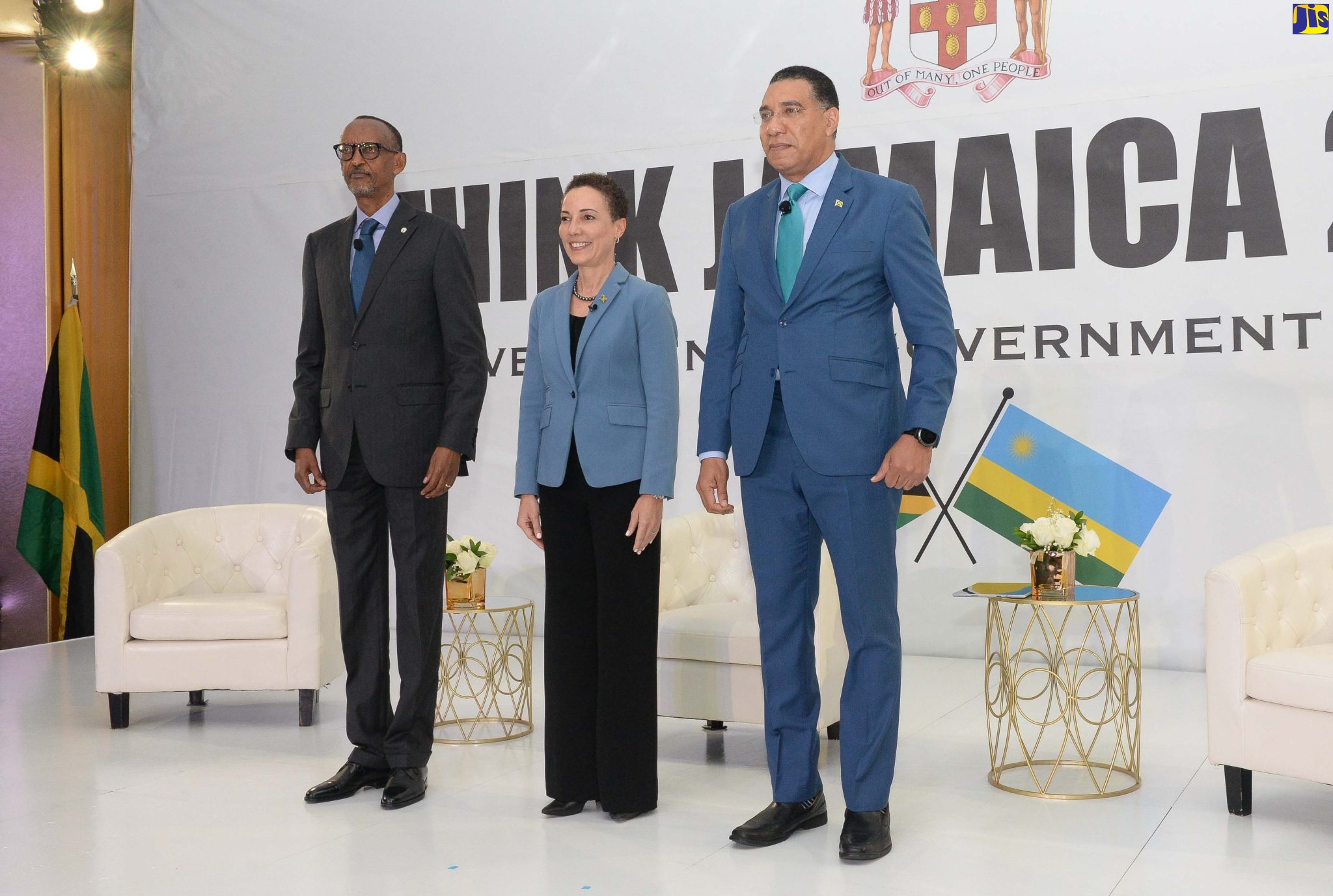 Prime Minister the Most Hon. Andrew Holness (right); Minister of Foreign Affairs and Foreign Trade, Senator Hon. Kamina Johnson Smith (centre) stand with President of the Republic of Rwanda, His Excellency Paul Kagame for an official photo, during the ‘Think Jamaica 2022 - Government to Government and Civil Society Dialogue