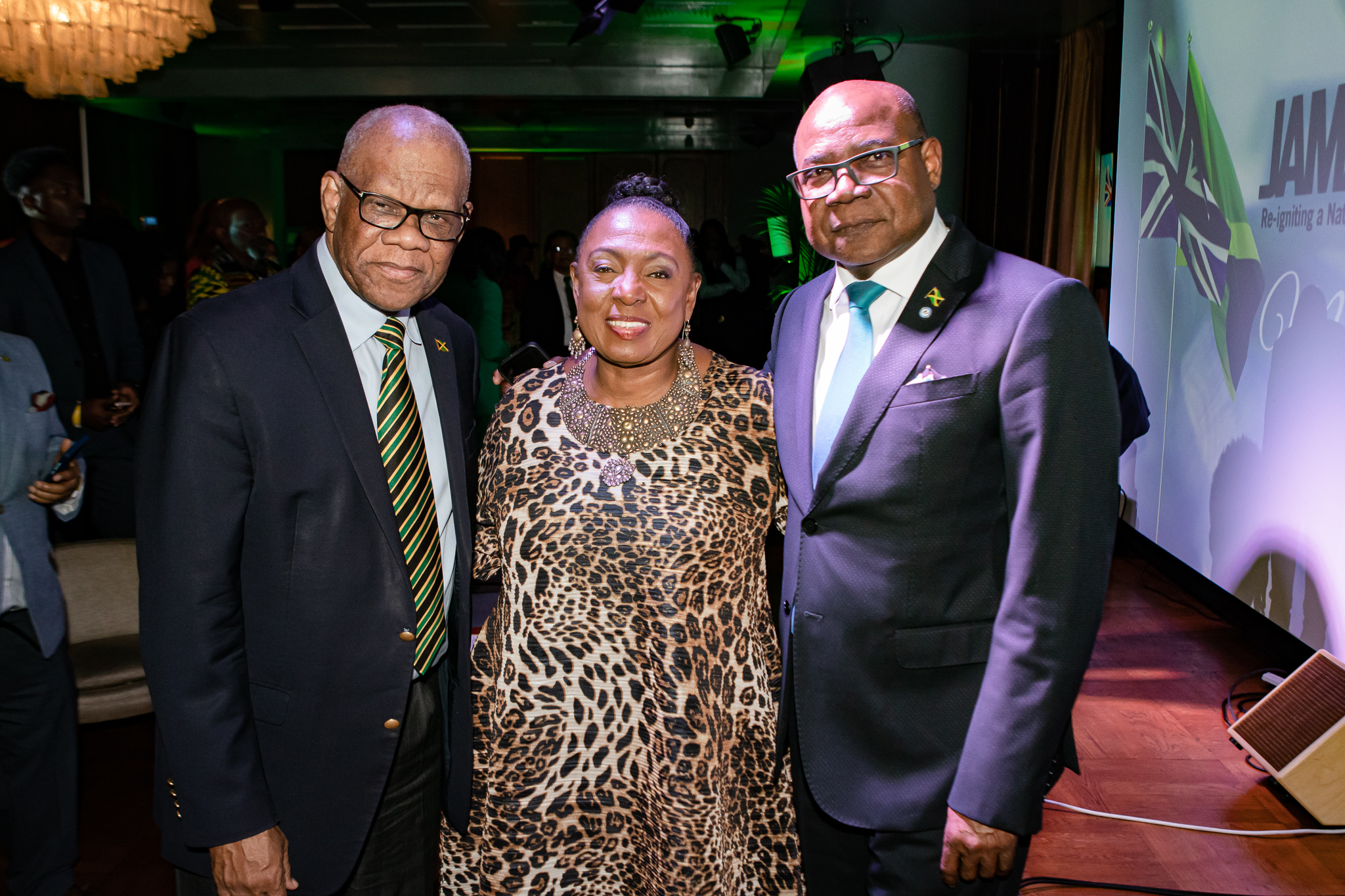 Minister of Culture, Gender, Entertainment and Sport, Hon. Olivia Grange (centre); Minister of Tourism, Hon Edmund Bartlett (right); and High Commissioner to the United Kingdom (UK), His Excellency Seth George Ramocan, are pictured at the official launch of Jamaica 60 celebrations in London on April 25.