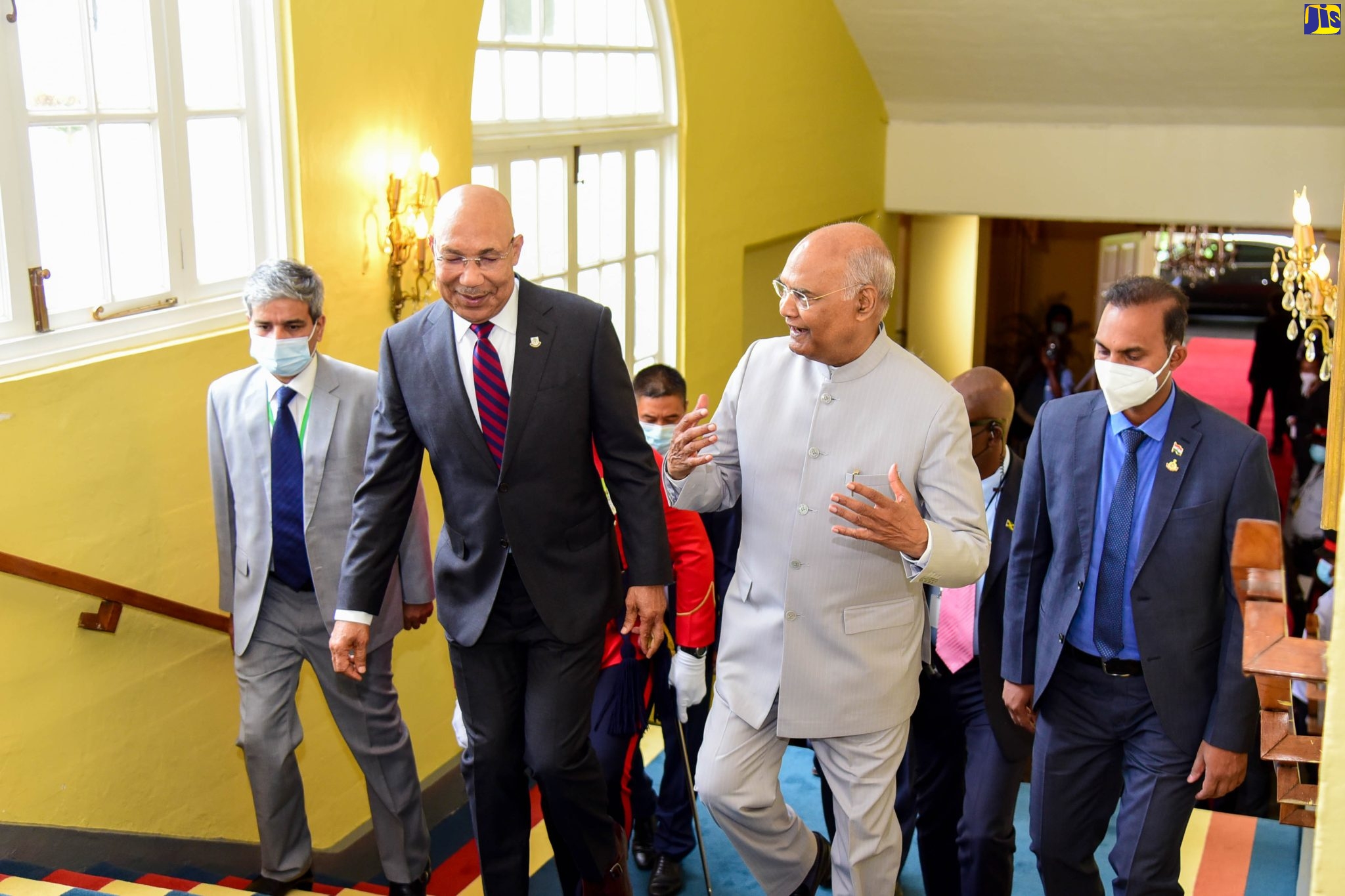 Governor-General, His Excellency the Most Hon. Sir Patrick Allen (left), conversing with the President of the Republic of India, His Excellency the Hon. Ram Nath Kovind, during a courtesy call at King