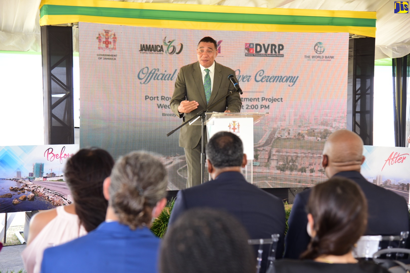 Prime Minister, the Most Hon. Andrew Holness, emphasises a point while speaking at the official handover ceremony for the $1.3-billion Port Royal Street Coastal Revetment Project, held at the Breezy Castle Sports Centre in downtown Kingston on Wednesday (May 18).