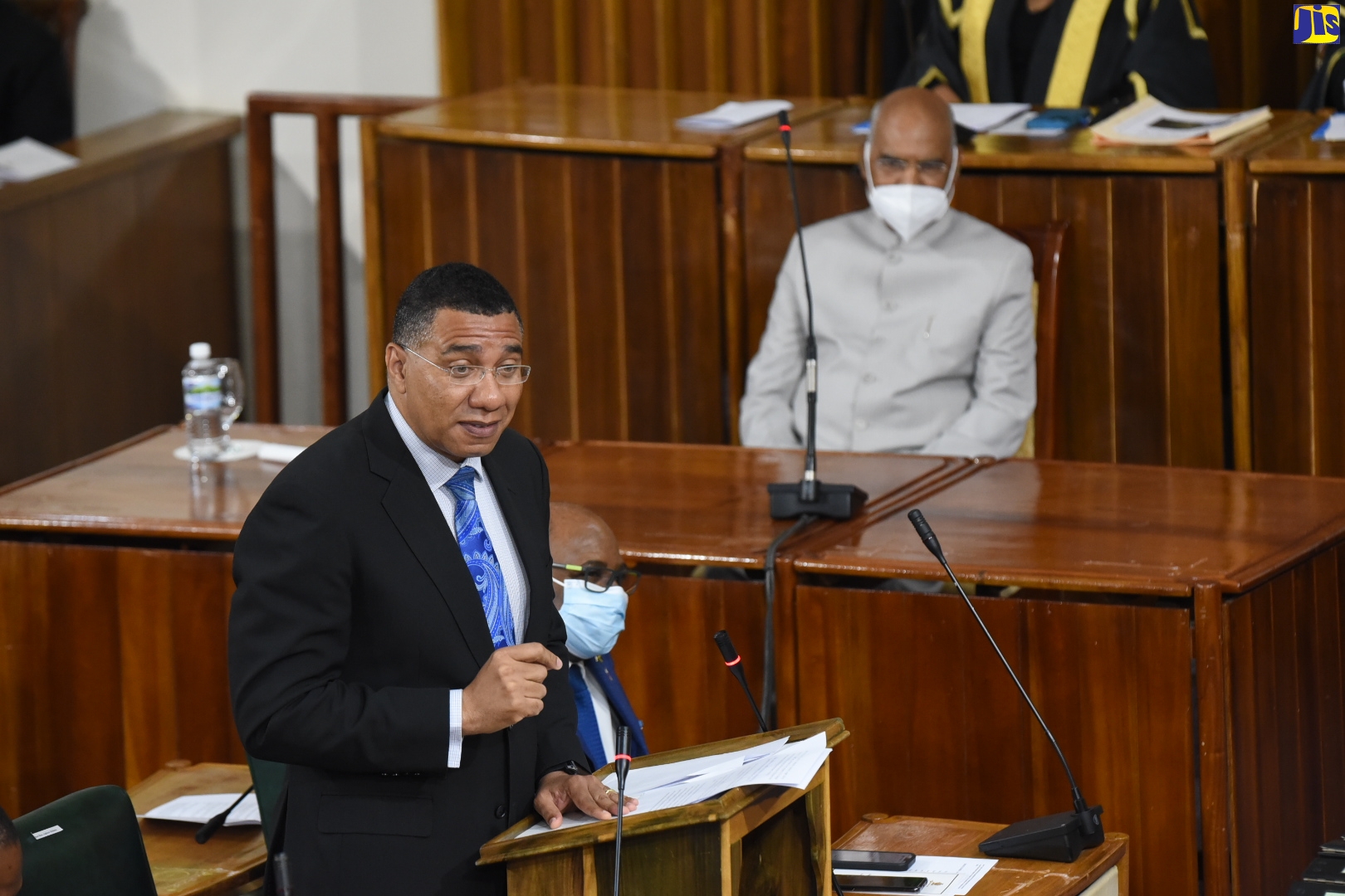 Prime Minister, the Most Hon. Andrew Holness, addresses a joint sitting of the Houses of Parliament on Tuesday (May 17), which was held as part of activities for the four-day State visit of the President of the Republic of India, His Excellency, the Hon. Ram Nath Kovind. Seated at left is President Kovind.