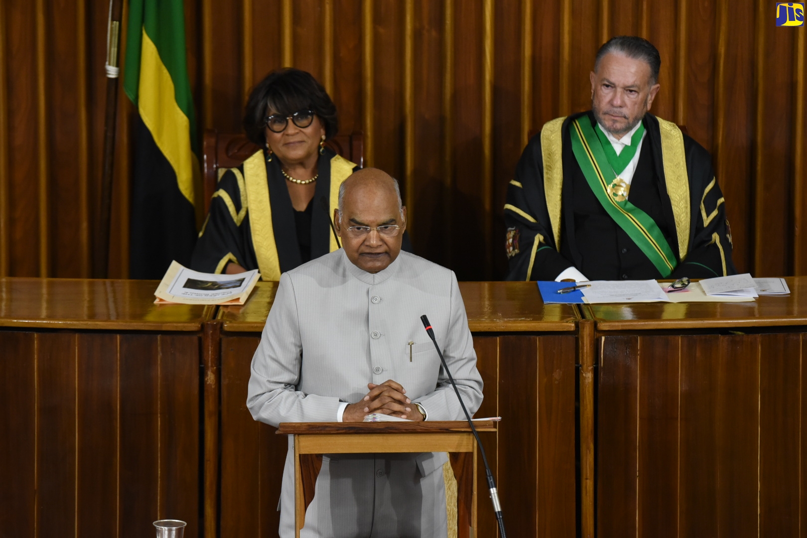 President of the Republic of India, His Excellency, the Hon. Ram Nath Kovind, addresses a joint sitting of the Houses of Parliament on Tuesday (May 17). In the background are Speaker of the House of Representatives, Marisa Dalrymple Philibert (left); and President of the Senate, Senator Tom Tavares-Finson.