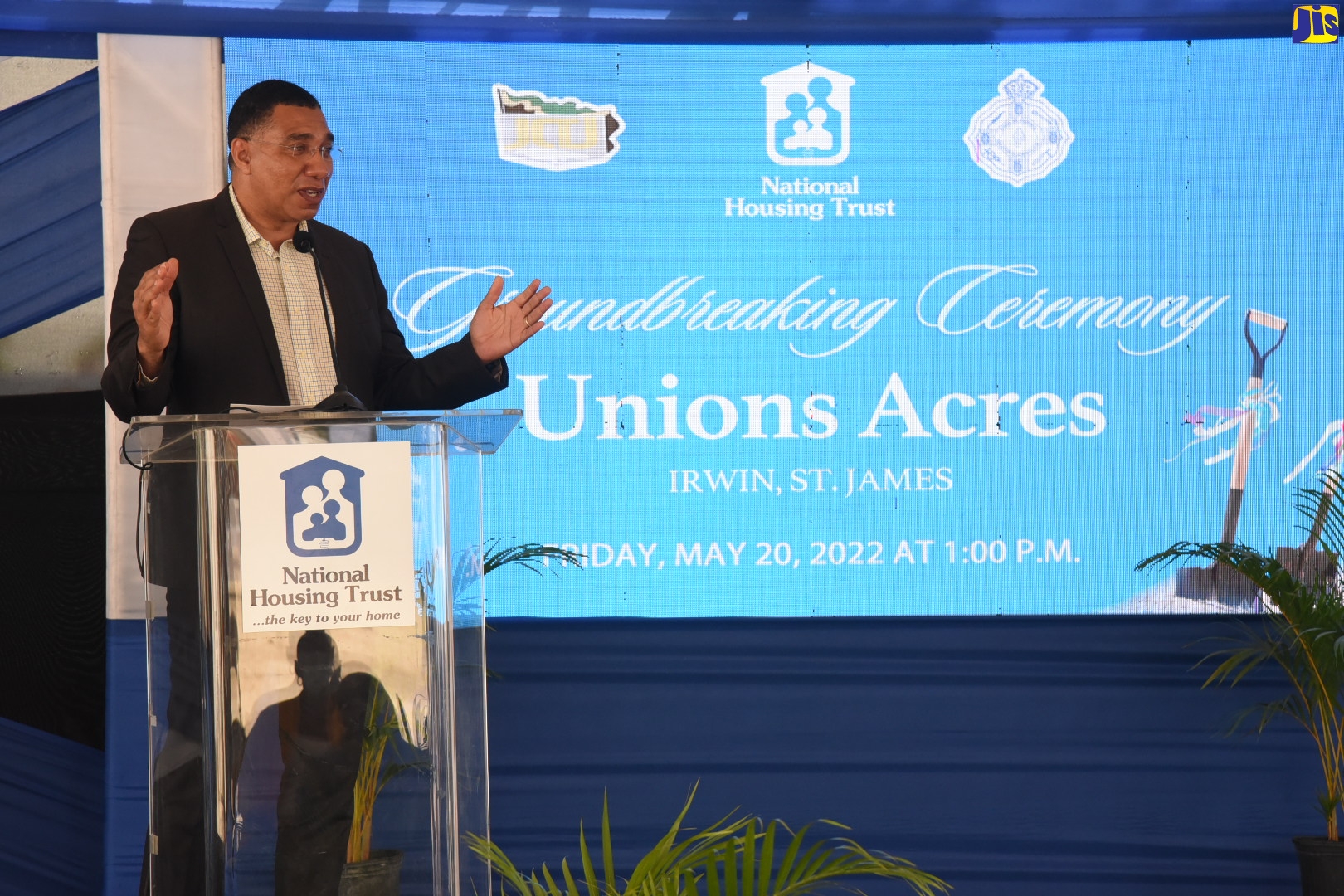 Prime Minister, the Most Hon. Andrew Holness, addresses a groundbreaking ceremony for the construction of 144 detached two-bedroom housing solutions at Union Acres, Irwin, St. James on Friday (May 20). The units are earmarked for public servants