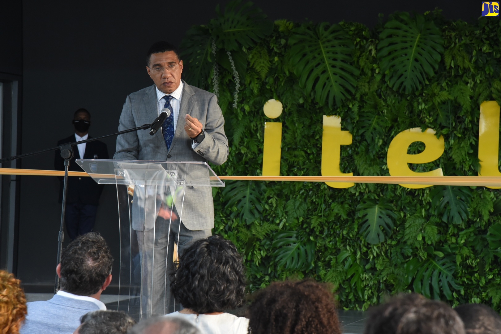 Prime Minister, the Most Hon. Andrew Holness, addresses attendees at the official opening of Itel’s new U$7million state-of-the-art business process outsourcing (BPO) facility, during a ceremony at its location at Chalmers Avenue in Kingston on Wednesday (May 25).