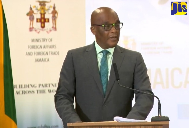 State Minister in the Ministry of Foreign Affairs and Foreign Trade, Senator the Hon. Leslie Campbell, speaks at the launch of the Jamaica Diaspora Conference 2022, at the headquarters of the Ministry of Foreign Affairs and Foreign Trade, downtown Kingston, on May 6.