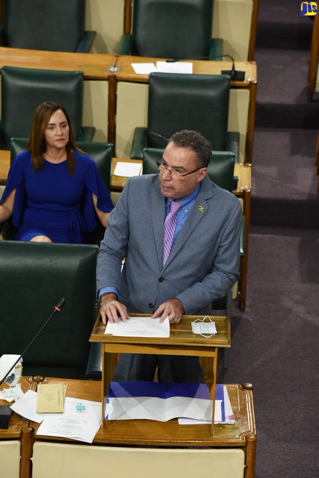 Minister of Science, Energy and Technology, Hon. Daryl Vaz, speaks in the House of Representatives on May 10. Listening to the Minister is his wife, Ann Marie Vaz, who is also Member of Parliament for Portland East.

