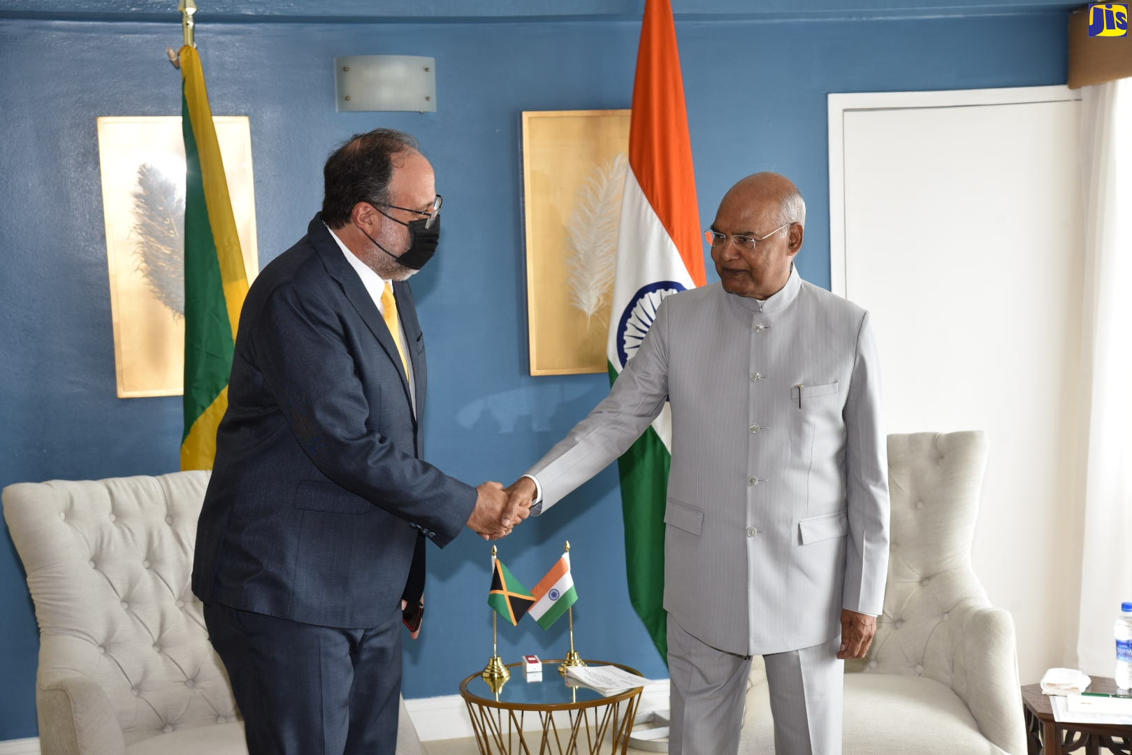 Leader of the Opposition, Mark Golding (left), greets President of the Republic of India, His Excellency the Hon. Ram Nath Kovind, when he called on the Opposition Leader at The Jamaica Pegasus hotel, recently. The courtesy call formed part of activities of a four-day State visit by the President.

