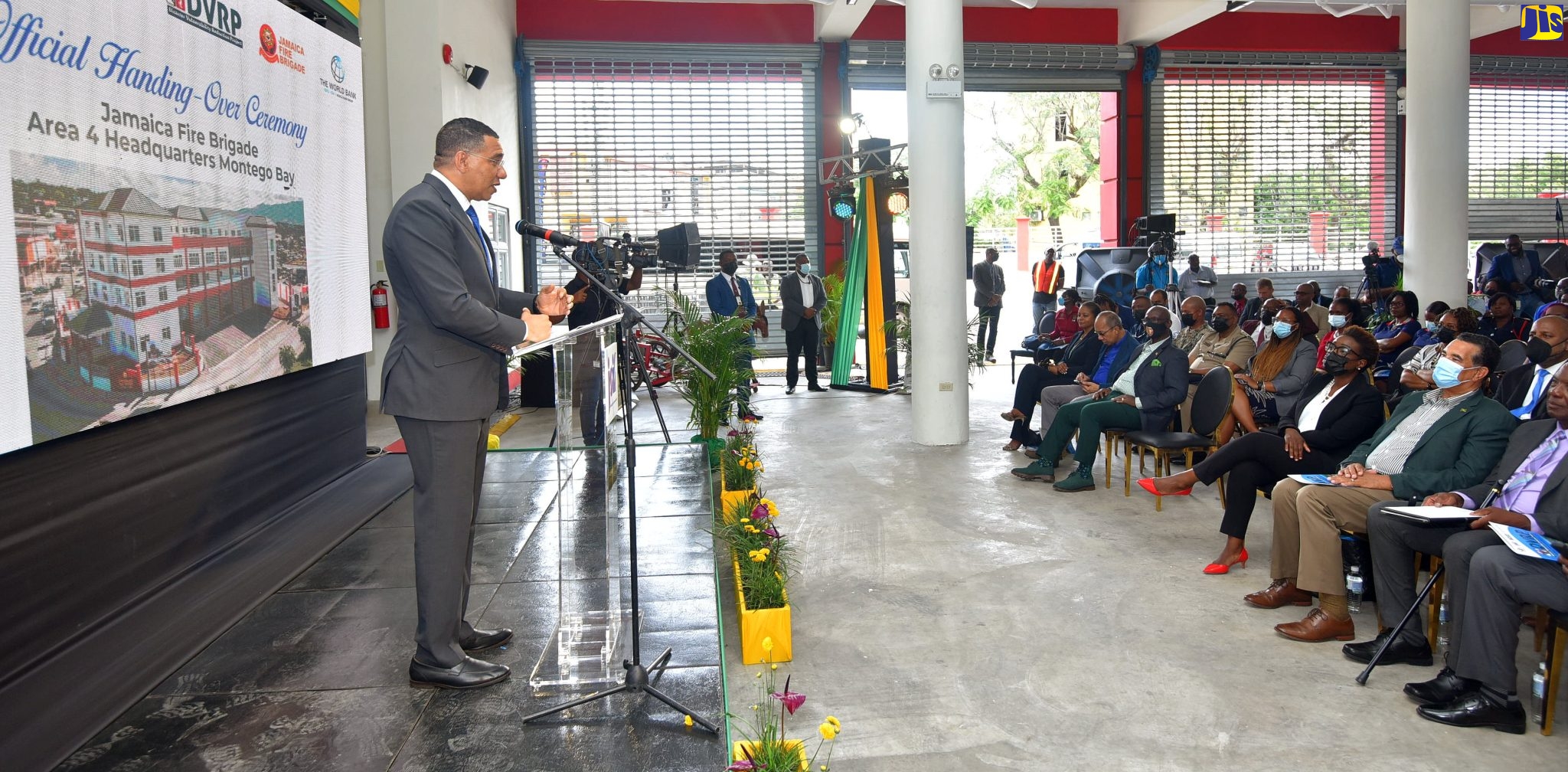 Prime Minister, the Most Hon. Andrew Holness, addresses the official opening of the $580-million Jamaica Fire Brigade (JFB) Area 4 Headquarters, situated at Barnett Street in  Montego Bay, St. James, on Friday (May 13).