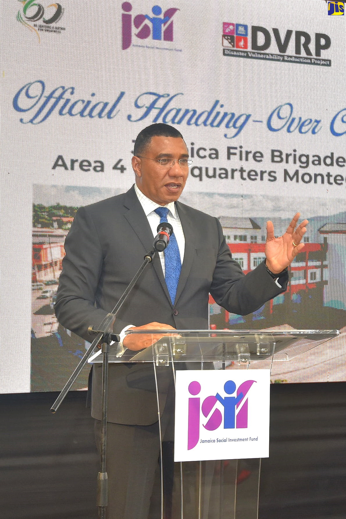 Prime Minister the Most Hon. Andrew Holness, addresses the official opening of the $580 million Jamaica Fire Brigade (JFB) Area 4 Headquarters Montego Bay situated at #1 Barnett Street in the Montego Bay, St. James, on Friday (May 14). He used the opportunity to appeal for negotiations over industrial action, in dealing with employment issues.
