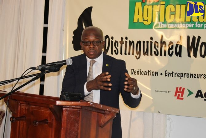 Minister of Agriculture and Fisheries, Hon. Pearnel Charles Jr., addressing the recent Agriculturalist’s Distinguished Women in Agriculture Awards Ceremony, held at the Medallion Hall Hotel in Kingston.