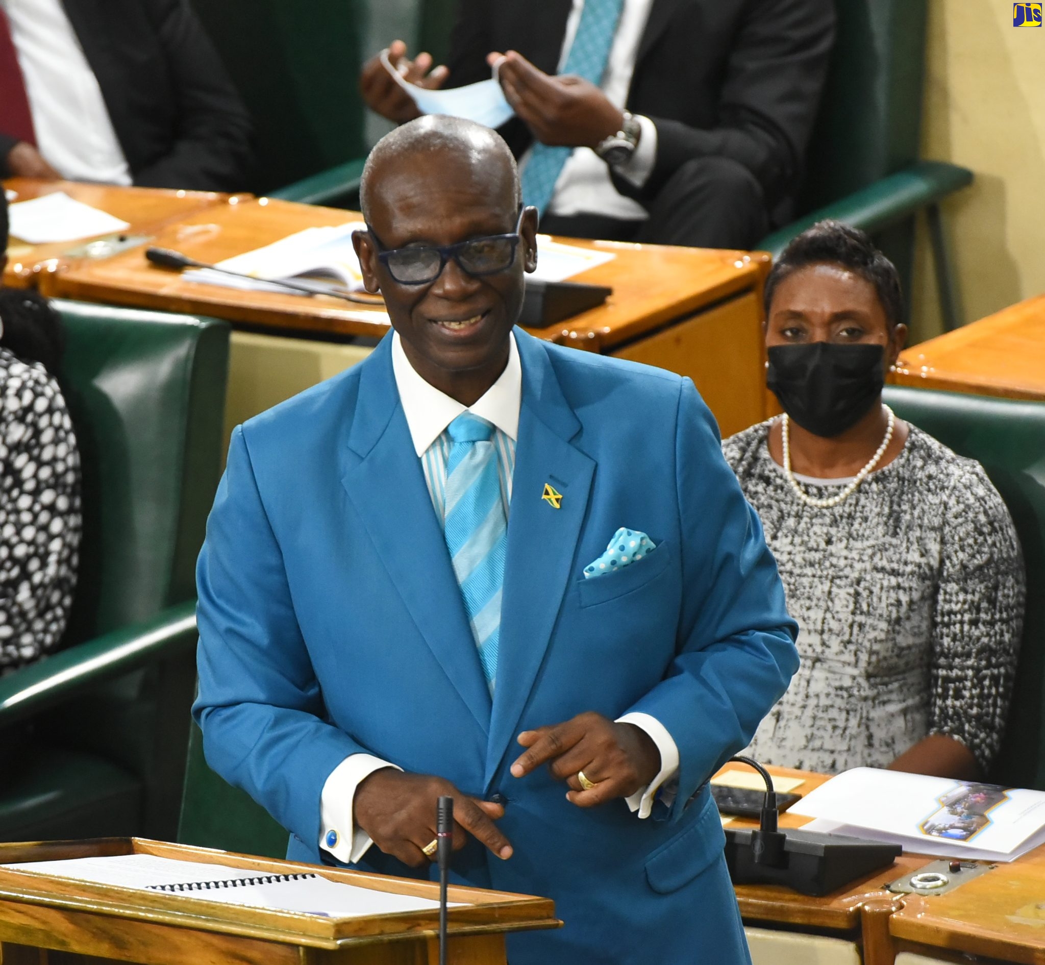 Minister of Local Government and Rural Development, Hon. Desmond McKenzie, makes his 2022/23 Sectoral Debate presentation in the House of Representatives, recently. Seated is Minister of State in the Ministry of Health and Wellness, Hon. Juliet Cuthbert-Flynn.