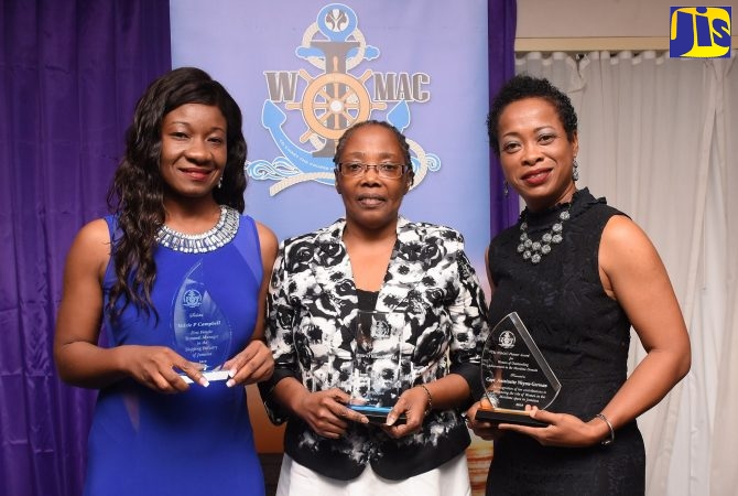 Terminal Manager at Kingston Wharves, Valerie Campbell; Deputy Director General of the Maritime Authority of Jamaica (MAJ), Claudia Grant and Chief of Defence Staff, Rear Admiral Antonette Wemyss-Gorman, display their awards. The three stalwarts of the maritime industry were honoured at a Women in Maritime Association Caribbean (WiMAC) event.  