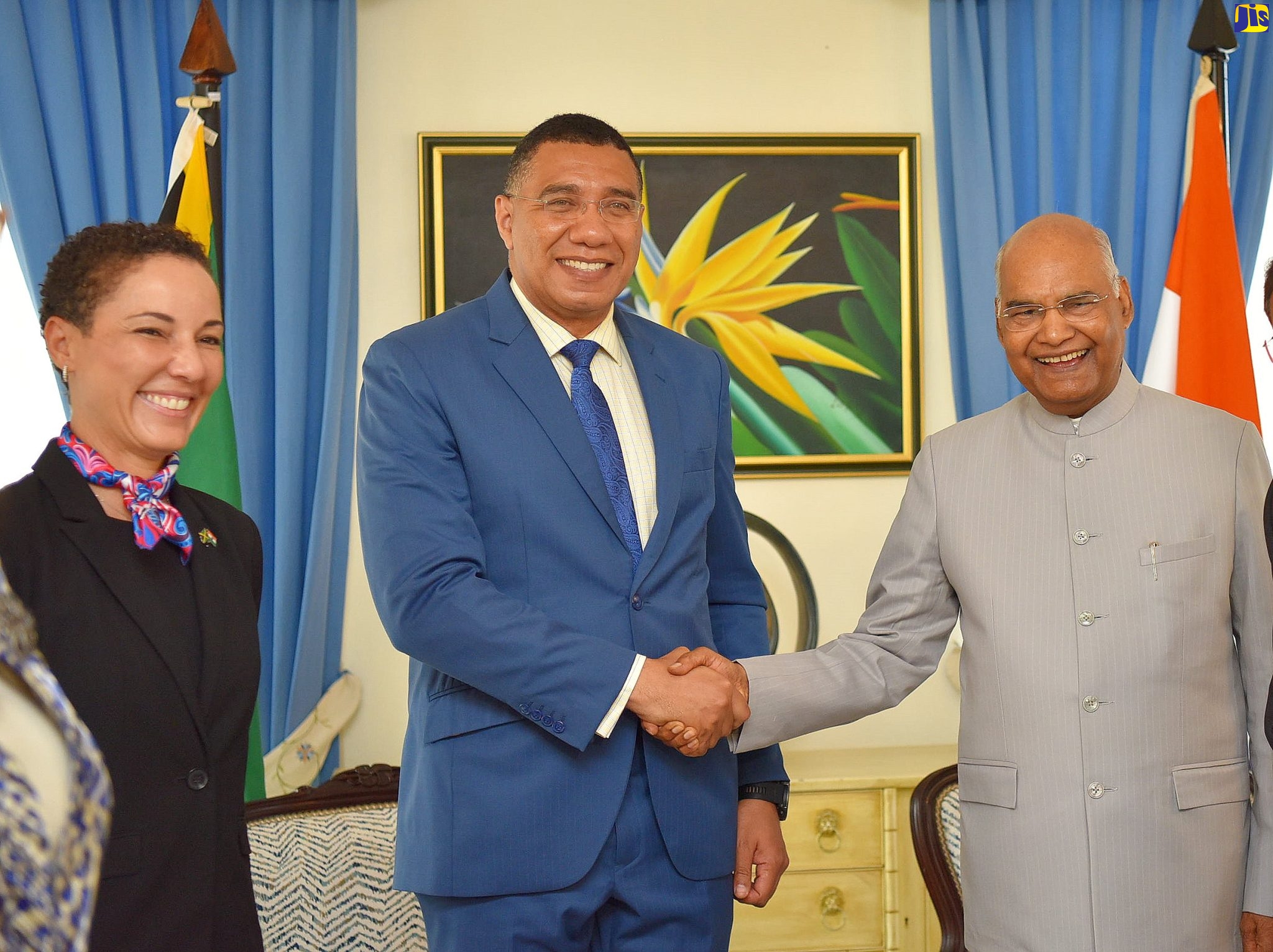 Prime Minister, the Most Hon. Andrew Holness, (second left), exchanges a warm handshake with President of the Republic of India, His Excellency the Hon. Ram Nath Kovind, during a courtesy call at the Office of the Prime Minister (OPM) on Monday (May 16). Sharing the moment is Minister of Foreign Affairs and Foreign Trade, Senator the Hon. Kamina Johnson-Smith.