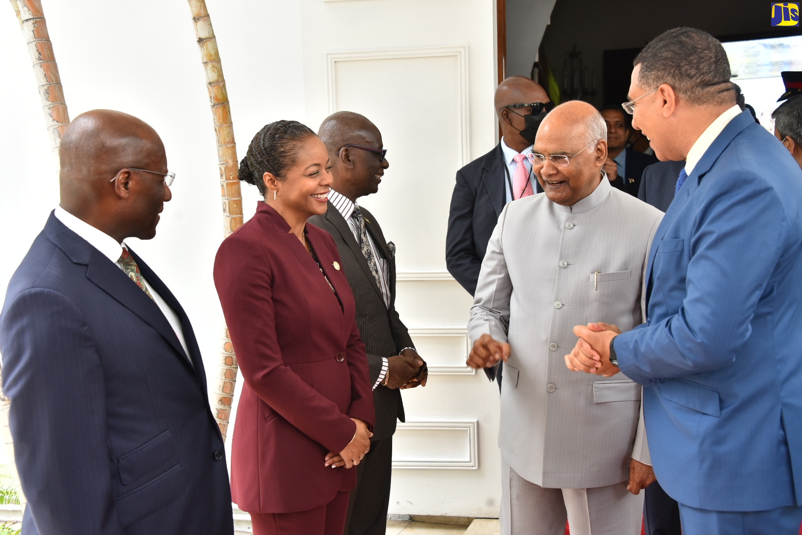 Prime Minister, the Most Hon Andrew Holness (right), introduces President of the Republic of India, His Excellency Hon Ram Nath Kovind (second right), to Cabinet Ministers, during a courtesy call at the Office of the Prime Minister on Monday (May 16). From left are Minister of Industry, Investment and Commerce, Senator the Hon. Aubyn Hill; Minister of Legal and Constitutional Affairs, Hon. Marlene Malahoo Forte; and Minister of Local Government and Rural Development, Hon. Desmond McKenzie.

 