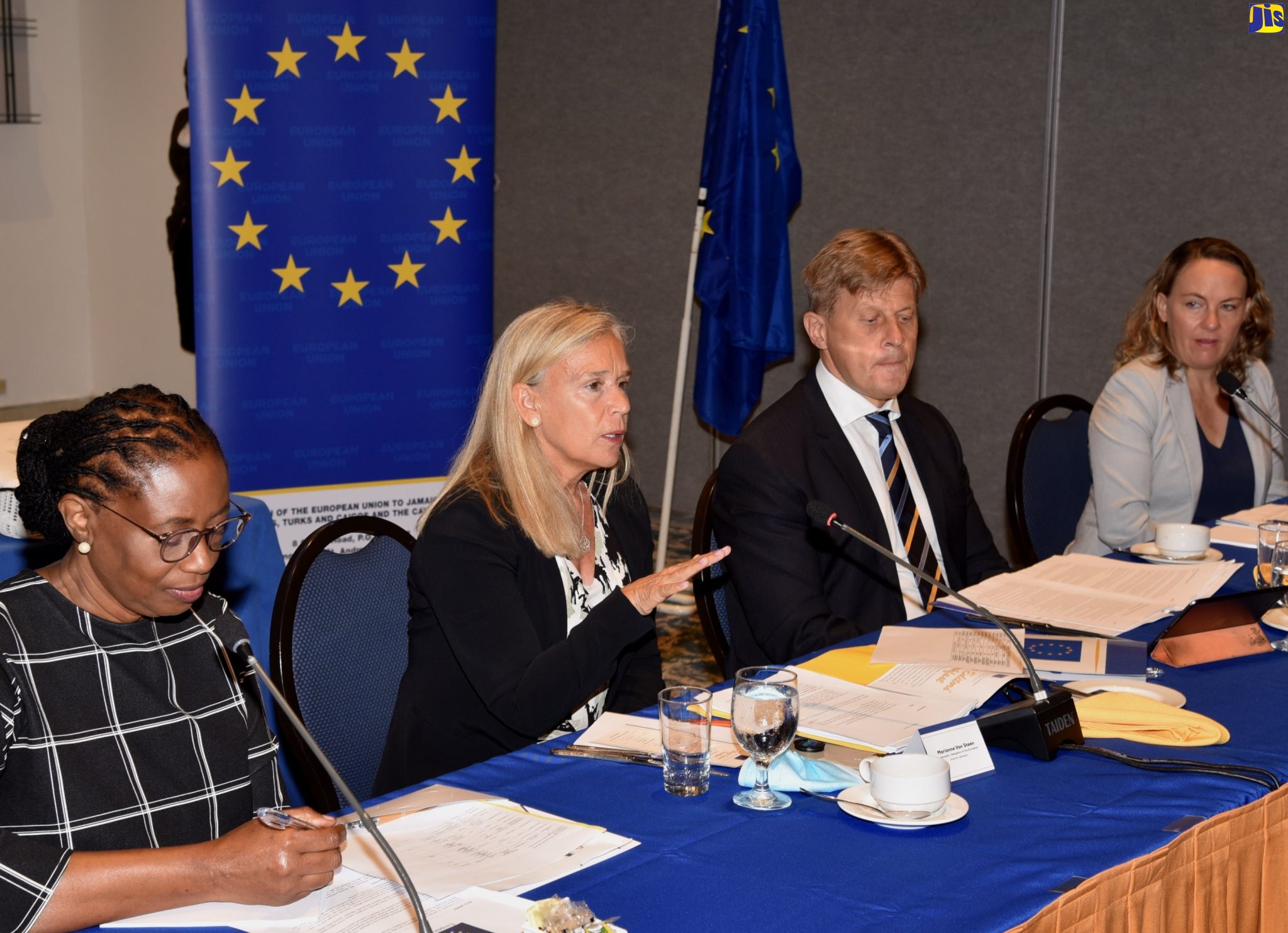 Ambassador, Delegation of the European Union (EU) to Jamaica, Her Excellency Marianne Van Steen (second left), fields questions from journalists during the EU’s Media Editors’ Breakfast held at The Jamaica Pegasus hotel on Wednesday (May 4). Pictured (from left) are Communication Specialist, Political, Press and Information Section, EU Delegation to Jamaica, Althea Buchanan; Deputy Head, European Union (EU) Delegation to Jamaica, Fredrik Ekfeldt; and Programme Manager, EU Delegation to Jamaica, Virginie Andre.