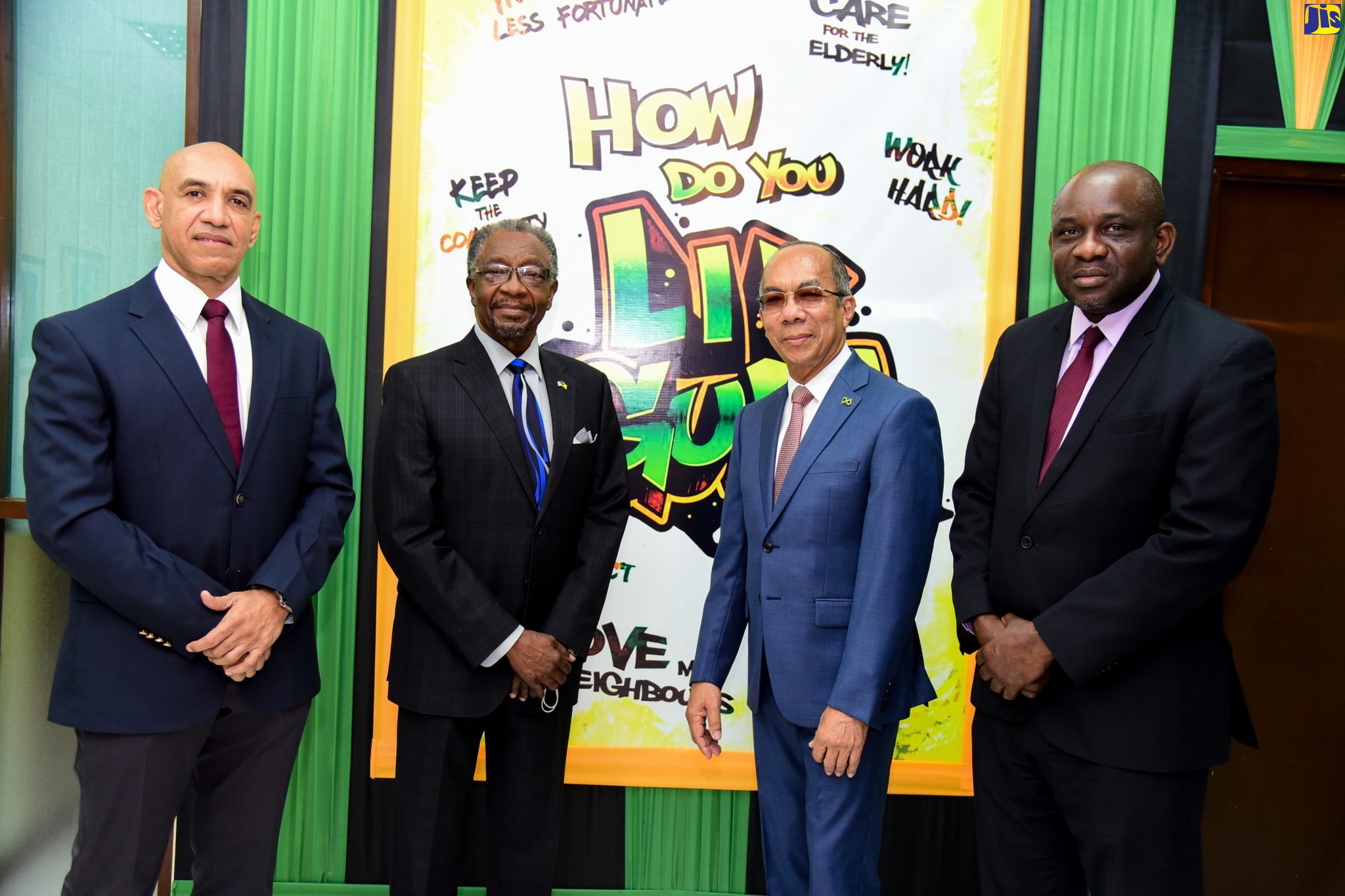 Minister of National Security, Hon. Dr. Horace Chang (second right), shares a photo opportunity with United States Ambassador to Jamaica, His Excellency Nick Perry (second left), during the diplomat’s visit to the Ministry’s Oxford Road offices in New Kingston on Tuesday (June 7). Joining them are Police Commissioner, Major General Antony Anderson (left), and Permanent Secretary in the Ministry, Courtney Williams.