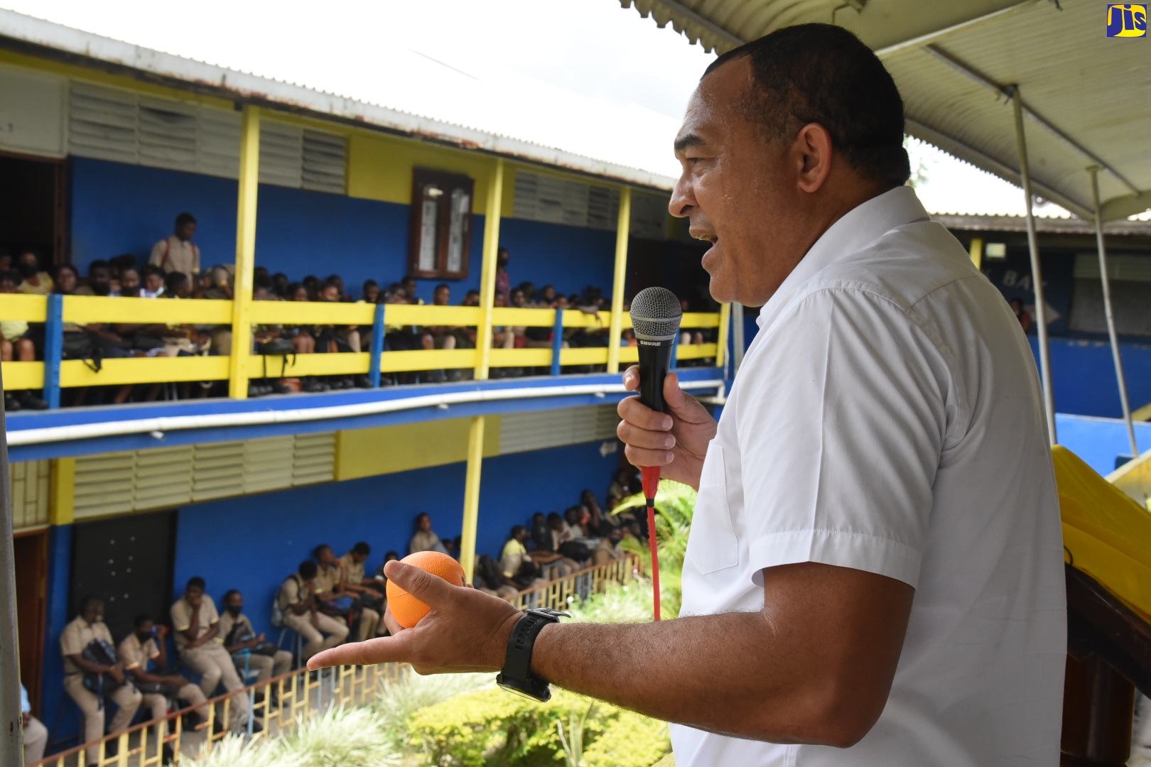 Minister of Health and Wellness, Dr. the Hon. Christopher Tufton, addresses students at Tacius Golding High School in St. Catherine, on Thursday (June 2), during activities marking Caribbean Nutrition Day.