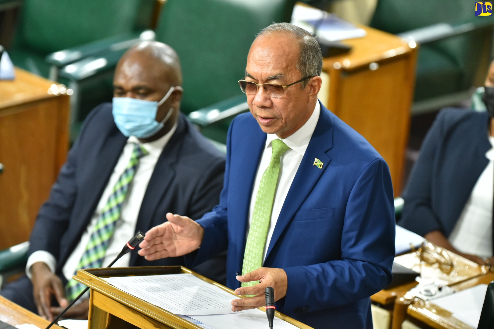Minister of National Security and Deputy Prime Minister, Hon. Dr. Horace Chang, speaks in the  2022/23 Sectoral Debate in the House of Representatives, on June 1. Listening keenly  is State Minister in the Ministry of National Security, Hon. Zavia Mayne.