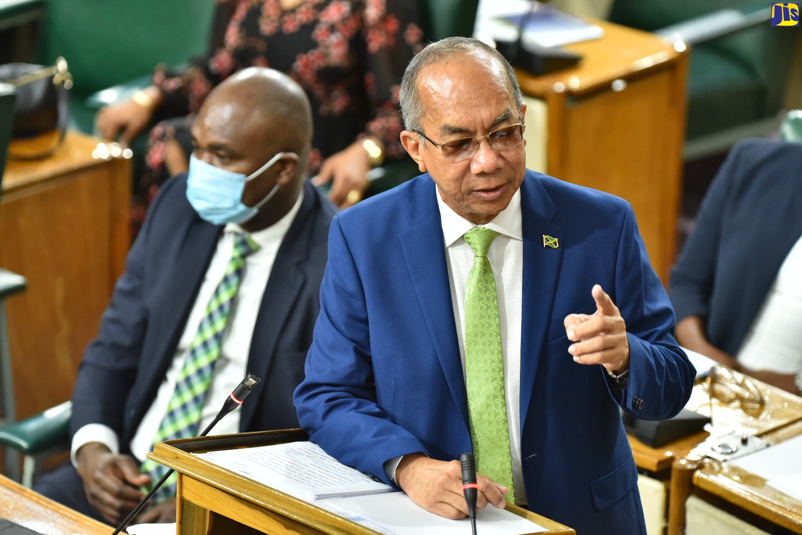 Minister of National Security and Deputy Prime Minister, Hon. Dr. Horace Chang, makes his contribution to the 2022/23 Sectoral debate in the House of Representatives on June 1. At left is State Minister in the Ministry of National Security, Hon. Zavia Mayne.