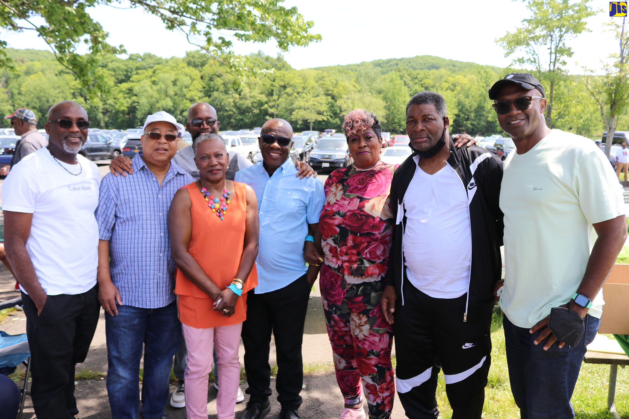 Falmouth’s Mayor, Councillor Collen Gager (fourth right), shares a moment with fellow Trelawnyites (from left) Kenneth Bailey, Charles Ramdata, Alinthi Allwood Gallagher, Violet Johnson, Tomlin Anderson, Harry Peter Johnson, and Loyal Ellis. Occasion was the annual Trelawny Picnic, held at the Rockland County State Park in Nyack, New York, on Sunday (May 29).