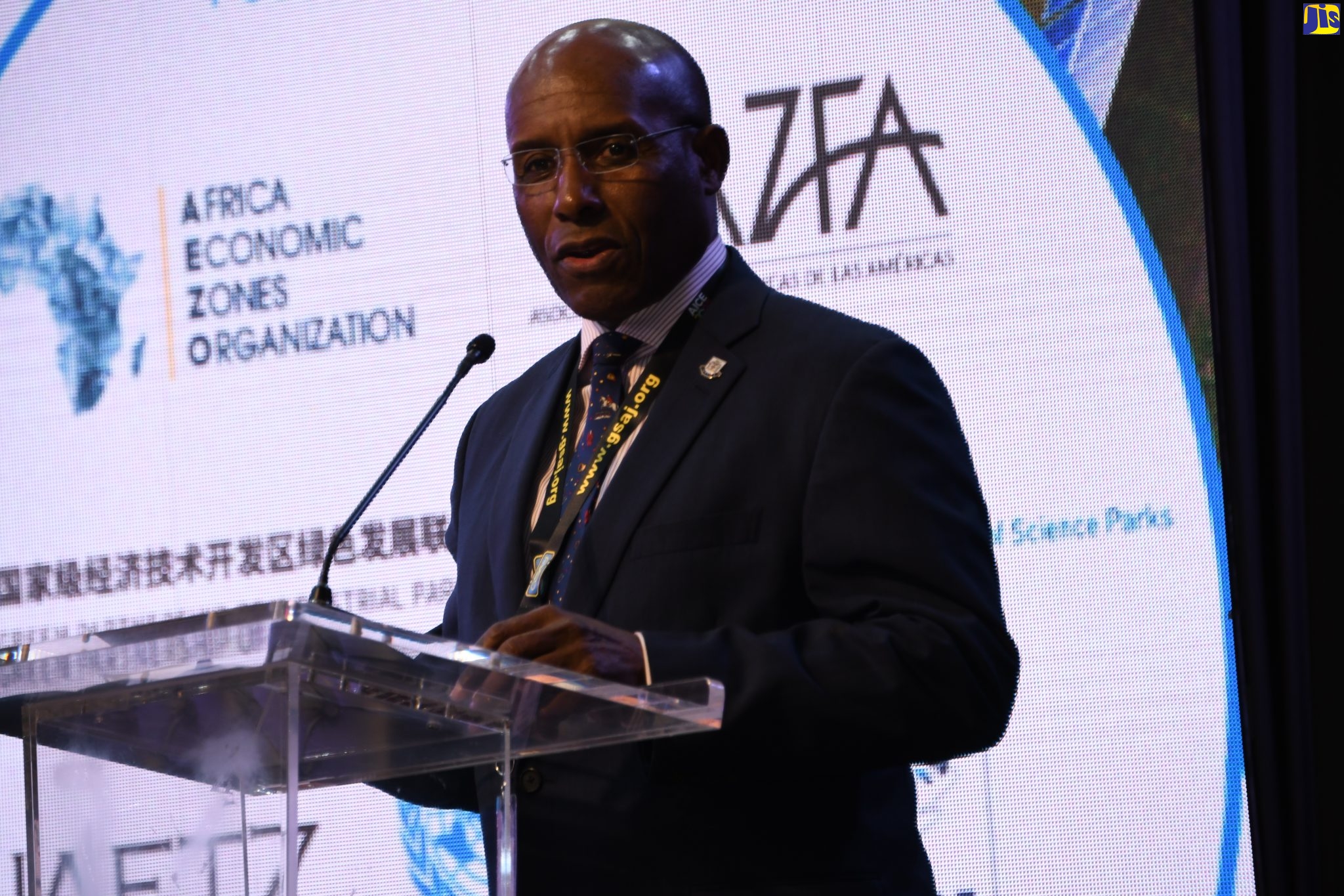 Minister of Industry, Investment and Commerce, Senator the Hon. Aubyn Hill, addresses the opening summit of the World Freezones Organization (World FZO) AICE Conference 2022 on Monday (June 13) at the Montego Bay Convention Centre in St. James.  