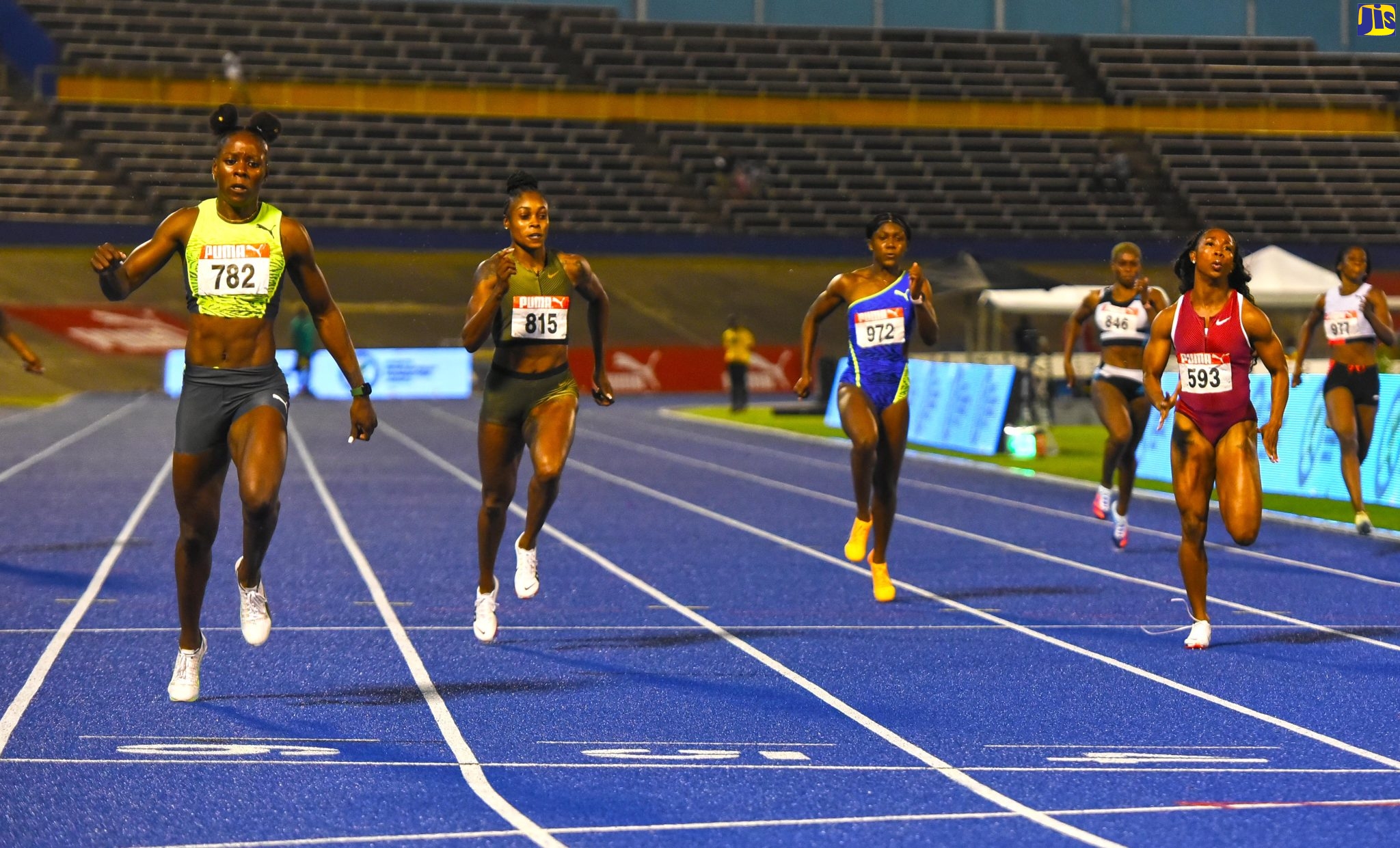 Shericka Jackson (left) sprints to victory in the Women’s 200-metre final at the 2022 National Senior and Junior Athletics Championships held at the National Stadium in Kingston on Sunday (June 26). She clocked a world-leading and personal best time of 21.55 seconds. In second place is Elaine Thompson-Herah (second left) while Shelly-Ann Fraser-Pryce (right), was third.