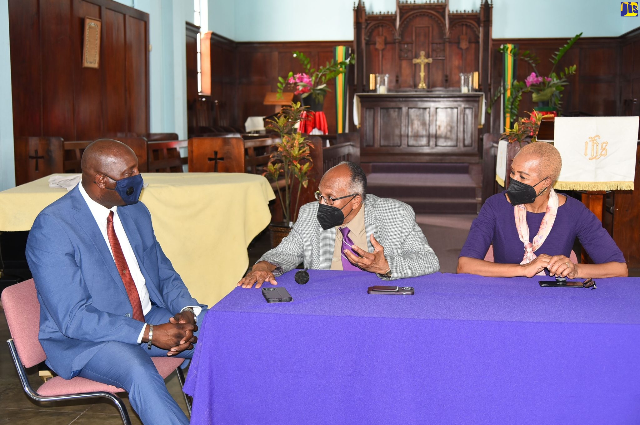 Minister of Education and Youth, Hon. Fayval Williams (right), listens as Chairman of the Jamaica Education Transformation Commission (JETC), Professor Orlando Patterson (centre), speaks with Principal of Kingston College, Dave Myrie, during their visit today (June 2)
