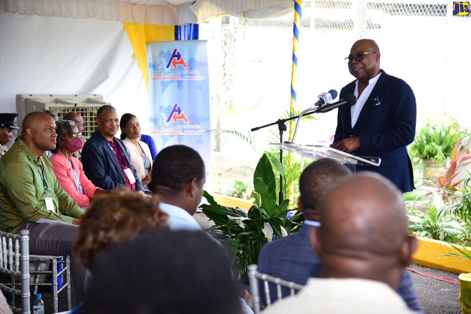 Tourism Minister, Hon. Edmund Bartlett, addresses the welcome ceremony for the inaugural interCaribbean Airways flight into the Ian Fleming International Airport in St. Maty on Thursday, June 16.