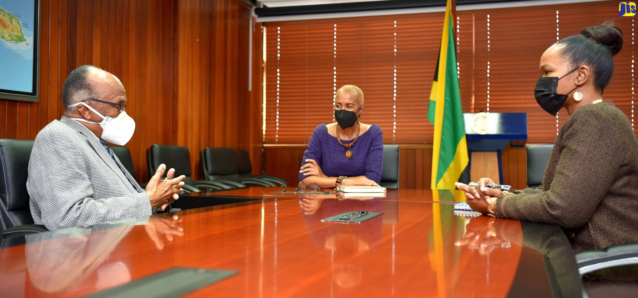 Minister of Education and Youth, Hon. Fayval Williams (centre) and Acting Chief Education Officer in the Ministry, Dr. Kasan Troupe (right) engage in discussion with Chairman of the Jamaica Education Transformation Commission (JETC), Professor Orlando Patterson, during a courtesy call at the Ministry in Kingston on Wednesday (June 1).